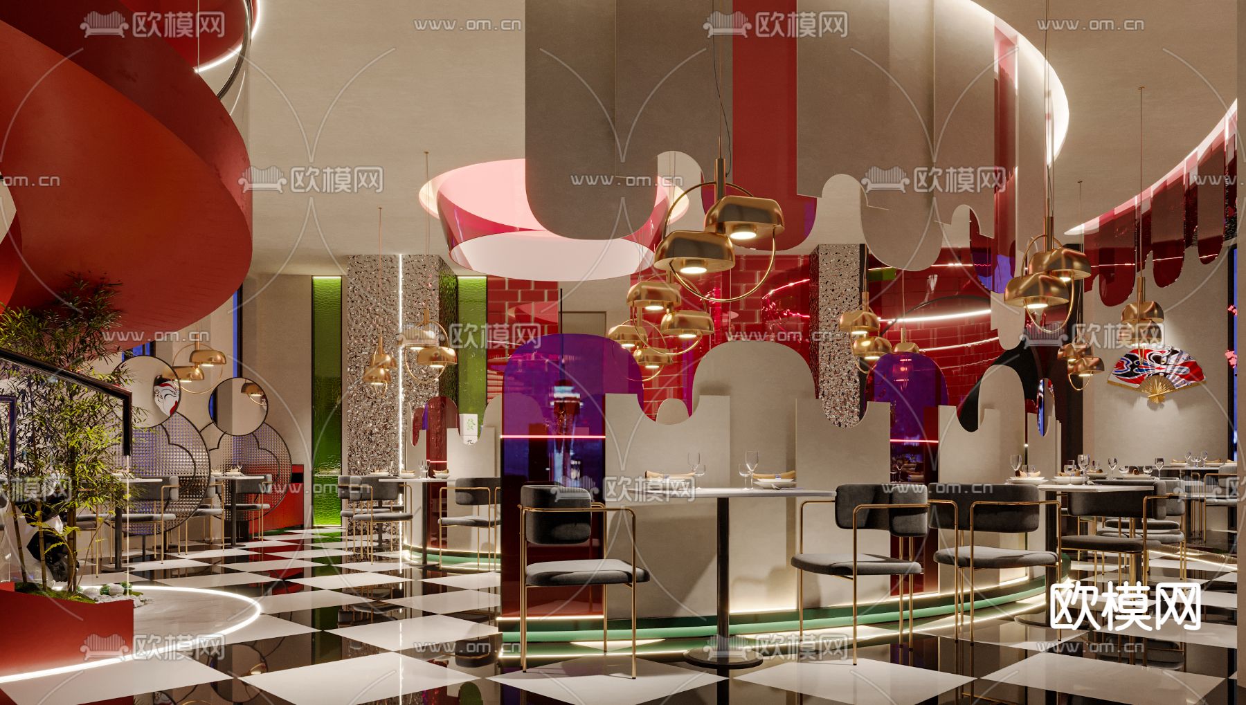 新中式轻奢中餐厅3d模型下载（渲染图5）