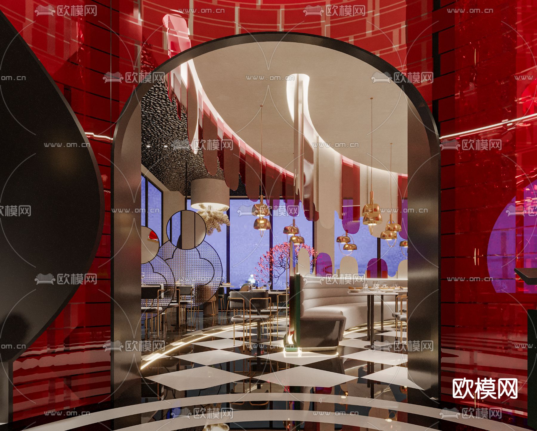 新中式轻奢中餐厅3d模型下载（渲染图3）