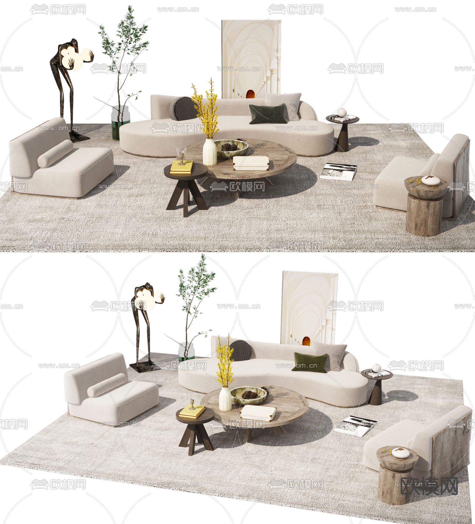 侘寂风布艺沙发组合3d模型下载_ID11885439_3dmax免费模型-欧模网