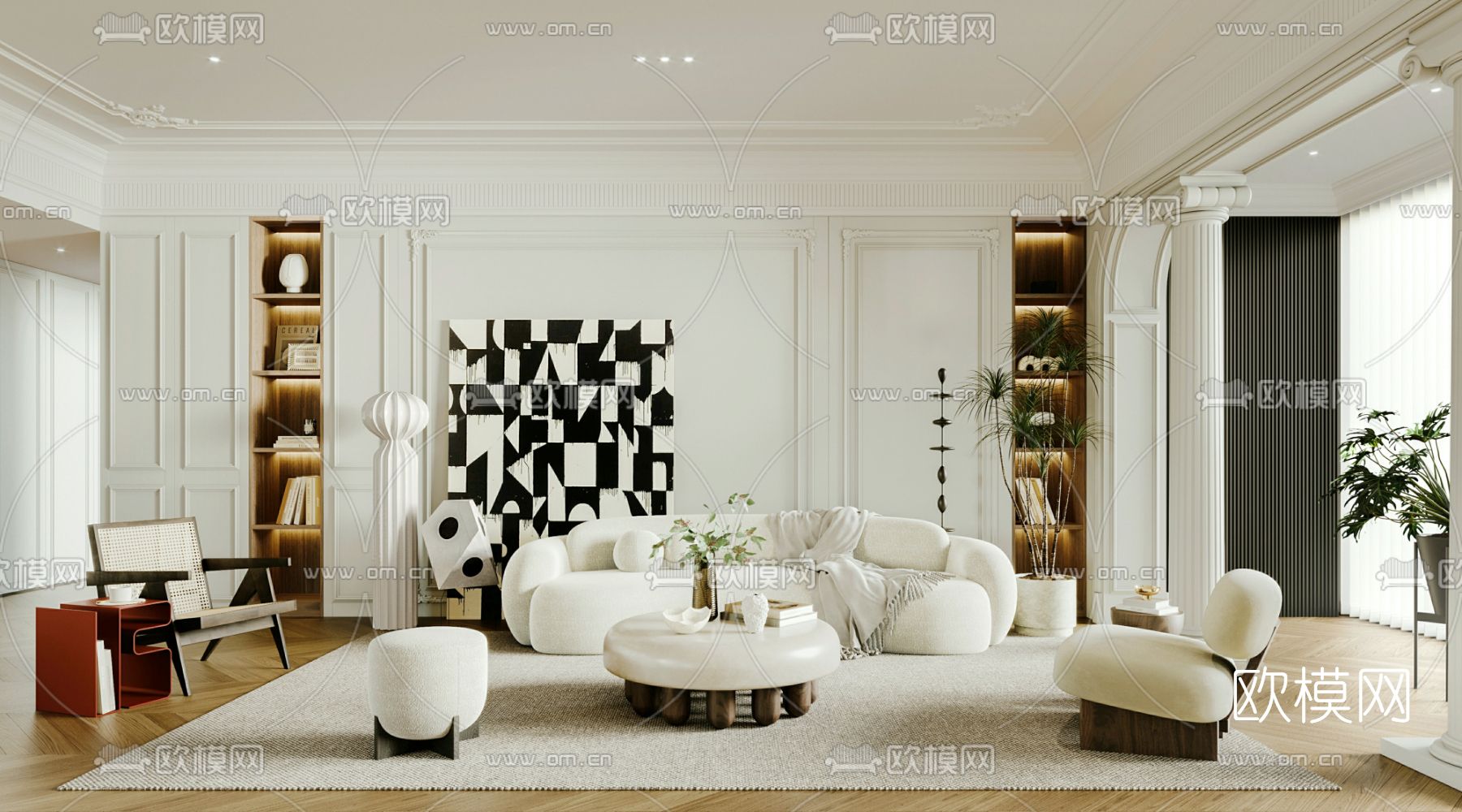 法式布艺沙发组合3d模型下载（渲染图1）