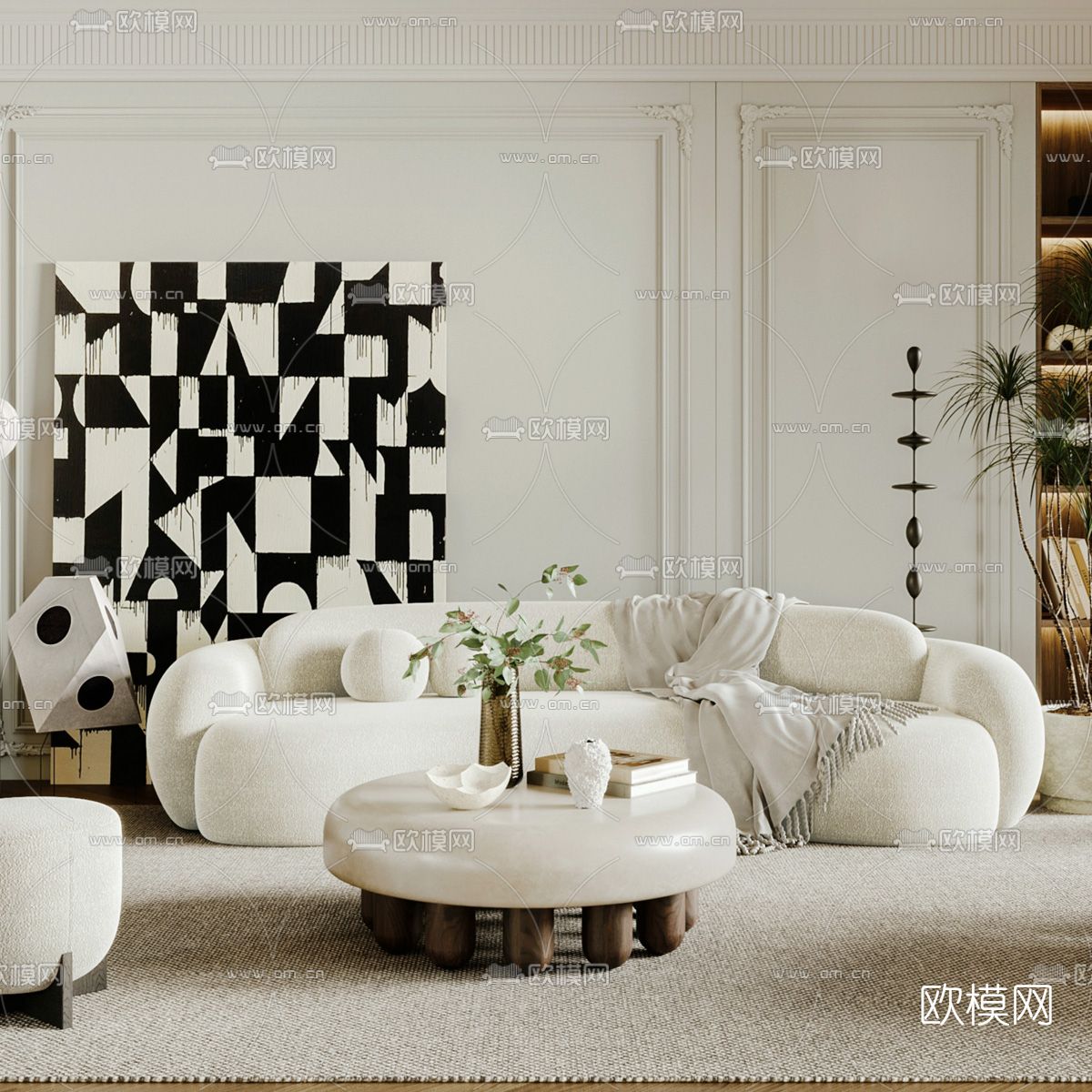 法式布艺沙发组合3d模型下载（渲染图2）