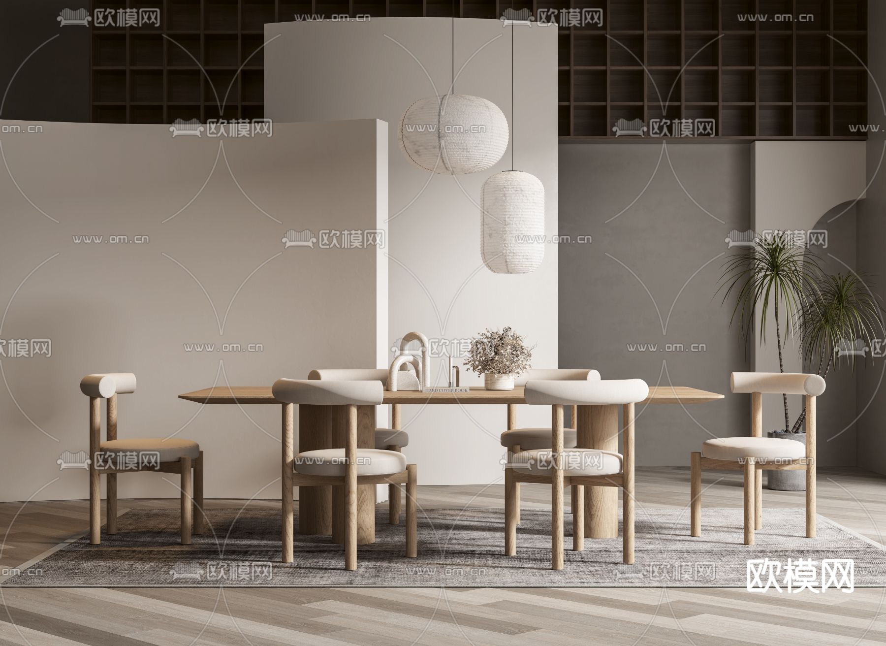 侘寂实木餐桌椅组合3d模型下载（渲染图1）