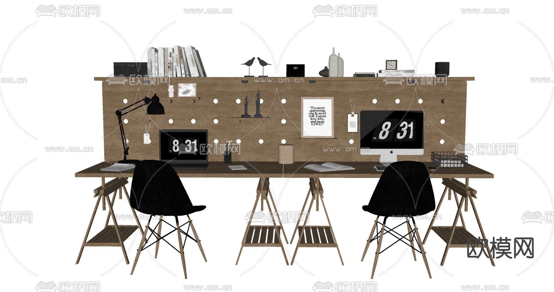 现代员工办公工位su模型下载（渲染图2）