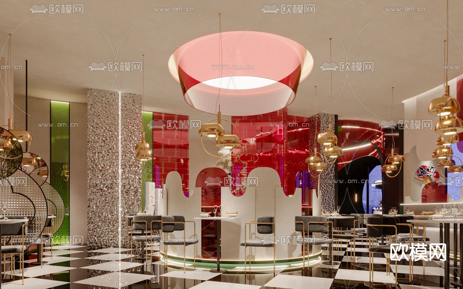 新中式轻奢中餐厅3d模型下载（渲染图1）