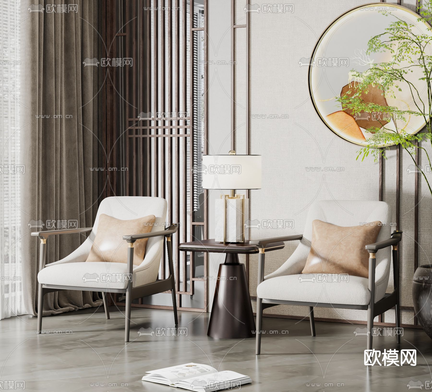 新中式布艺休闲椅3d模型下载