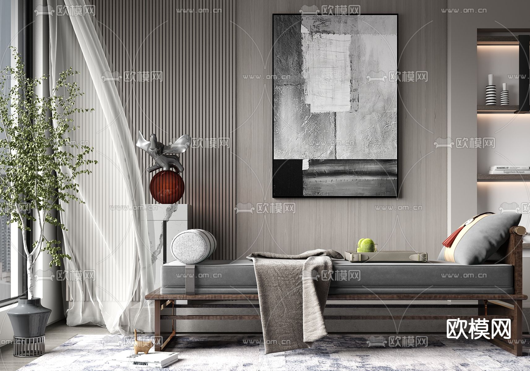 新中式布艺床尾凳脚踏3d模型下载