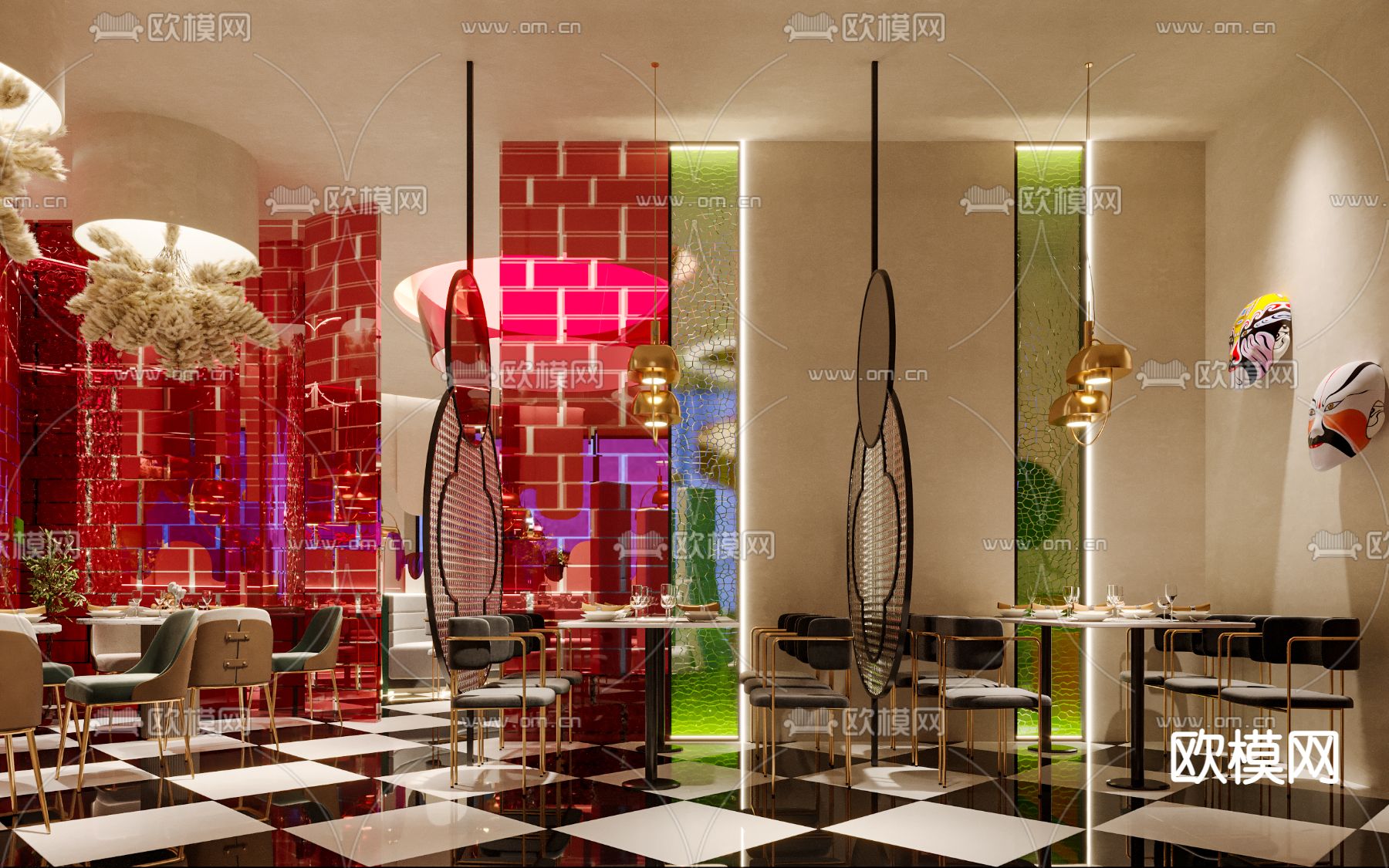 新中式轻奢中餐厅3d模型下载（渲染图7）