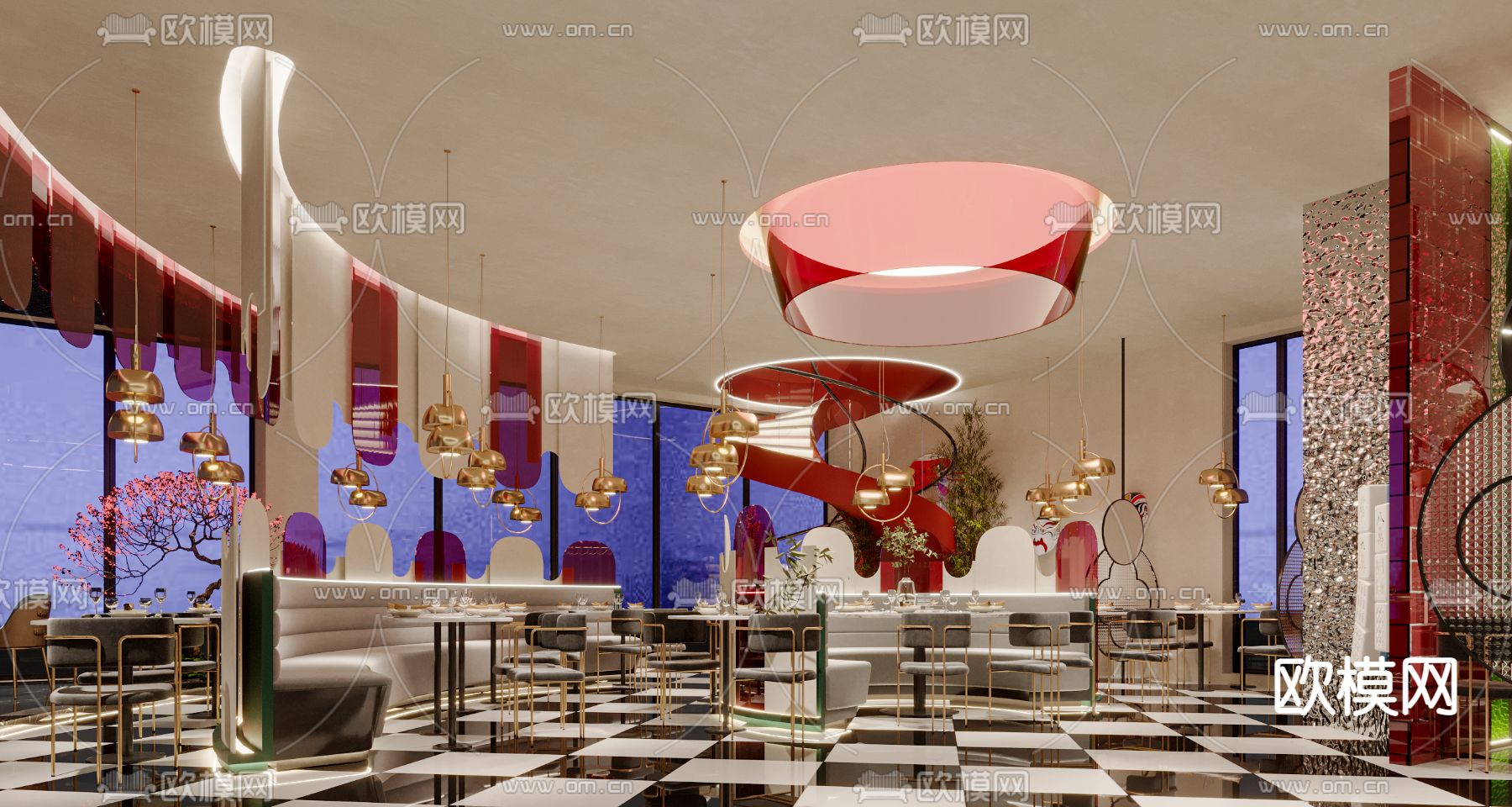 新中式轻奢中餐厅3d模型下载（渲染图6）