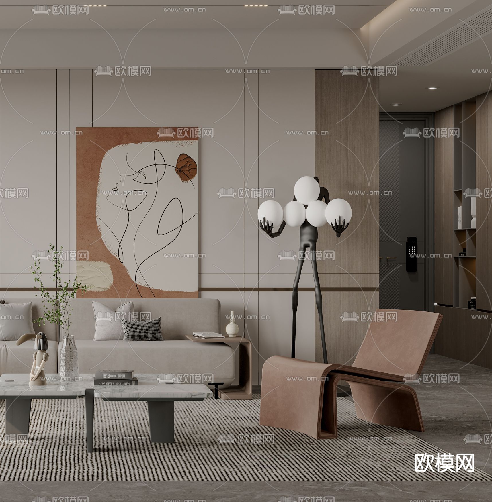 现代布艺弧形沙发组合3d模型下载（渲染图2）