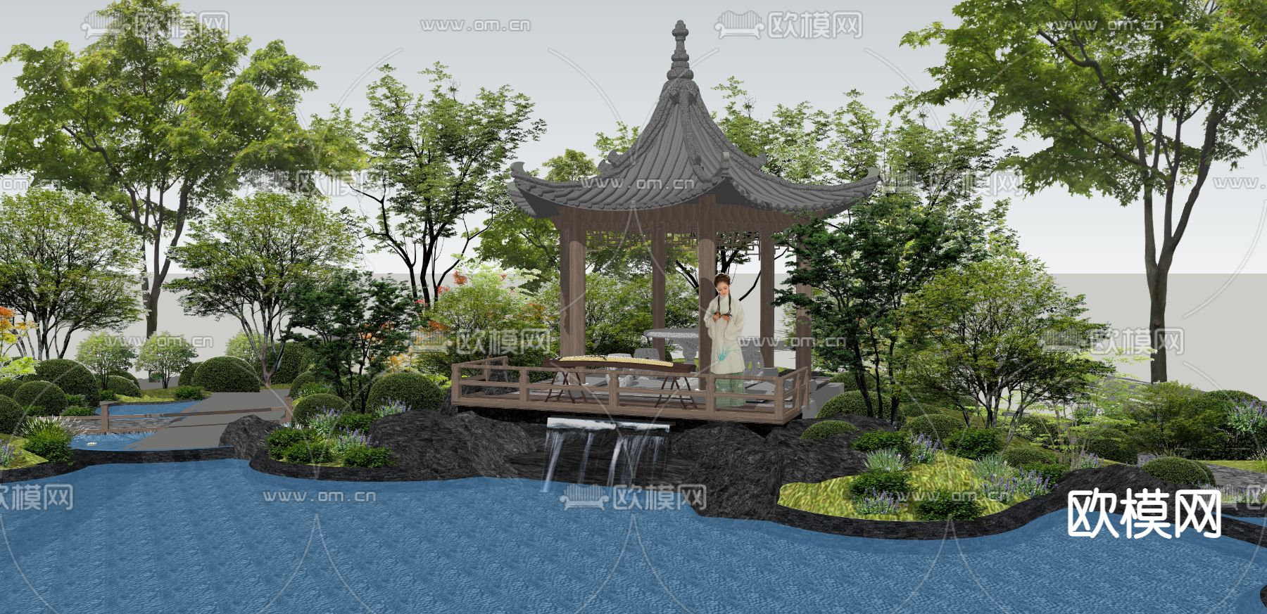 中式古建铁水假山su模型