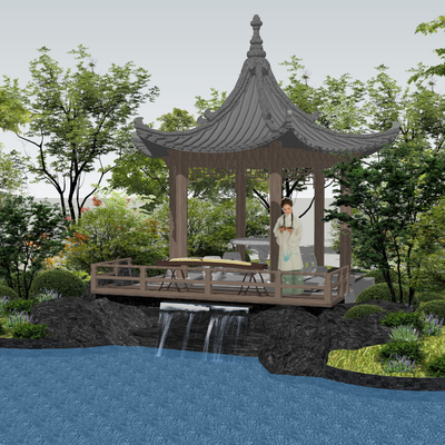 中式古建铁水假山su模型