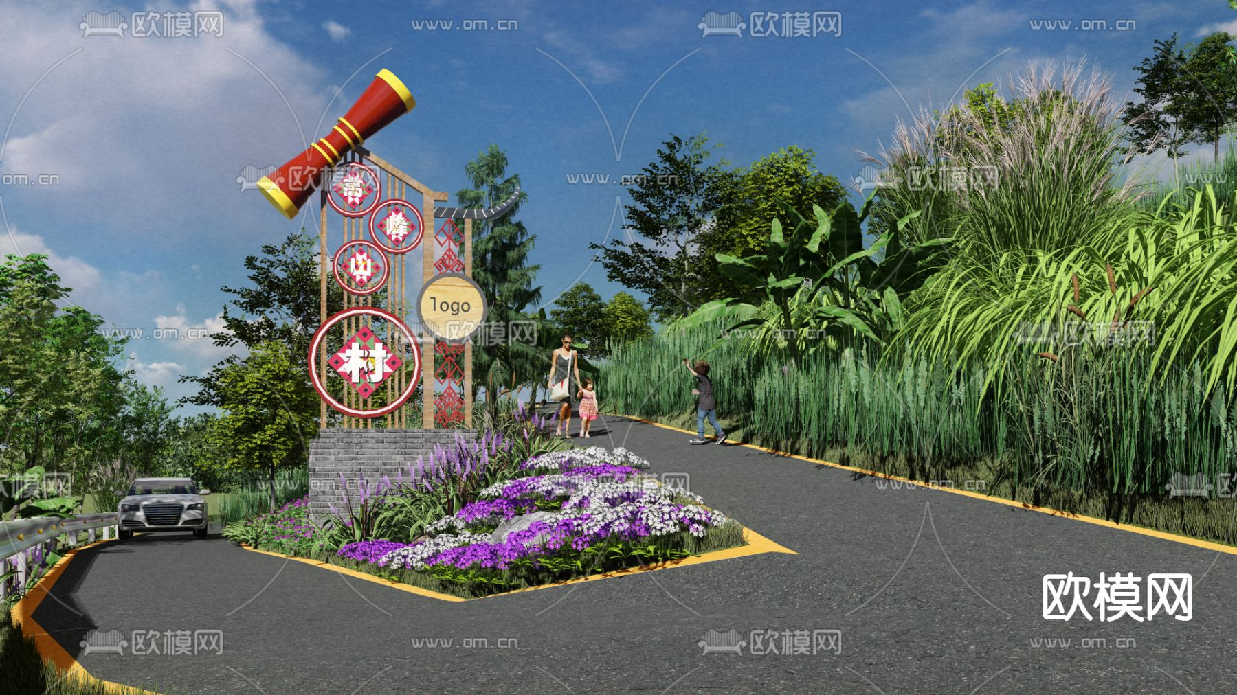 现代苗族瑶族牛角元素su模型下载（渲染图1）