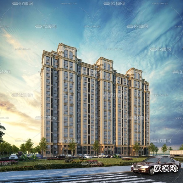 欧式黄昏高层住宅楼建筑外观3d模型下载