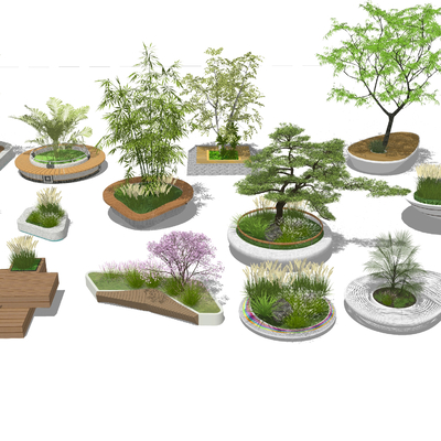  现代树池景观座椅su模型 