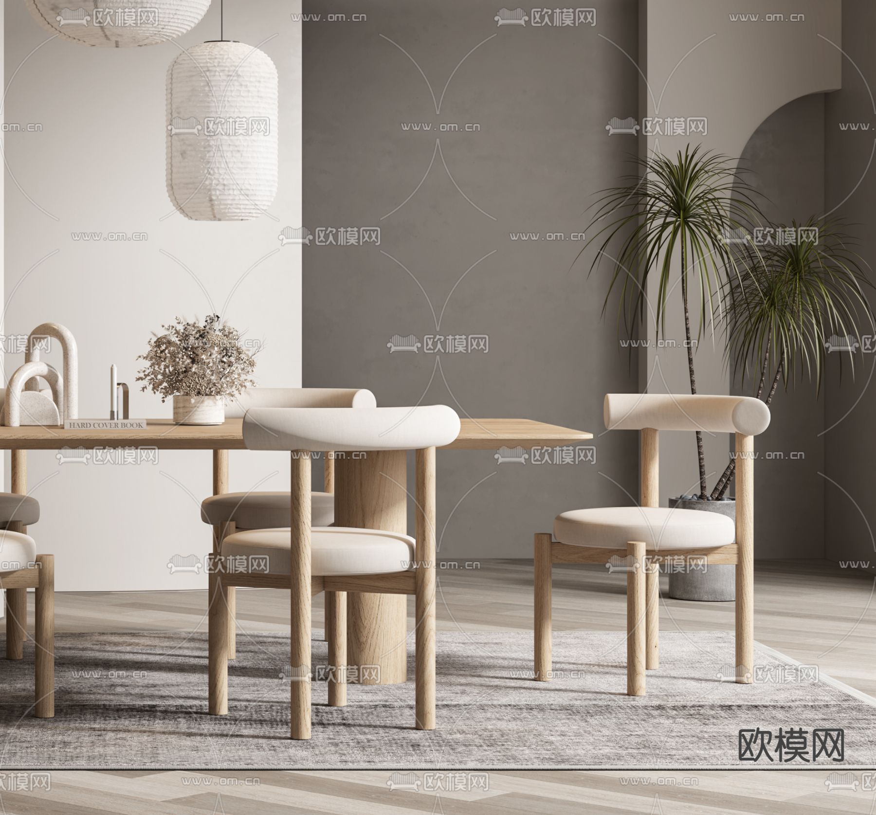 侘寂实木餐桌椅组合3d模型下载（渲染图2）