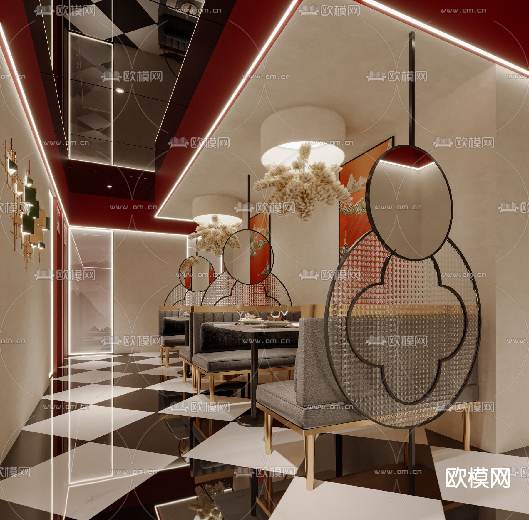 新中式轻奢中餐厅3d模型下载（渲染图1）