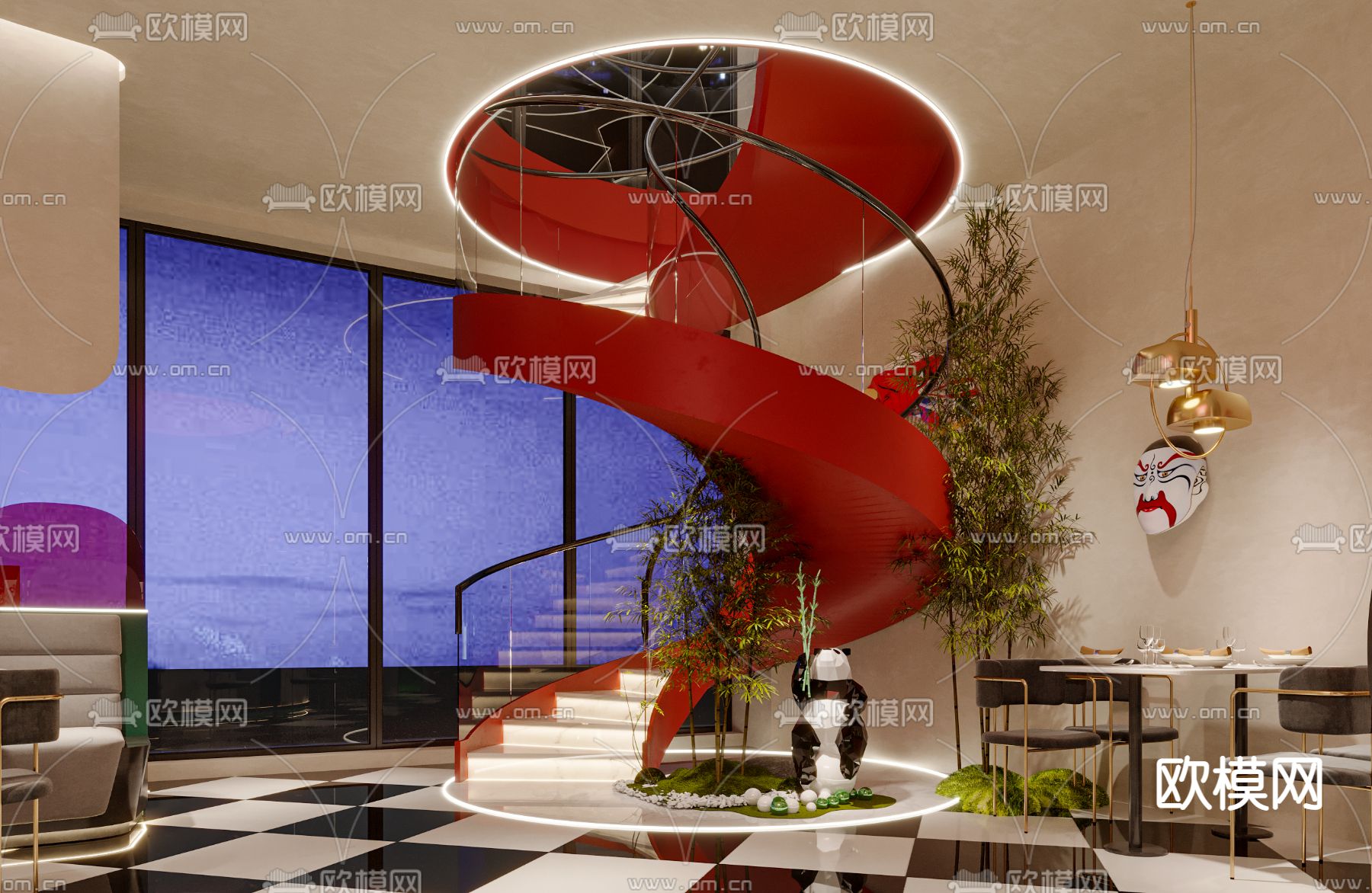 新中式轻奢中餐厅3d模型下载（渲染图4）