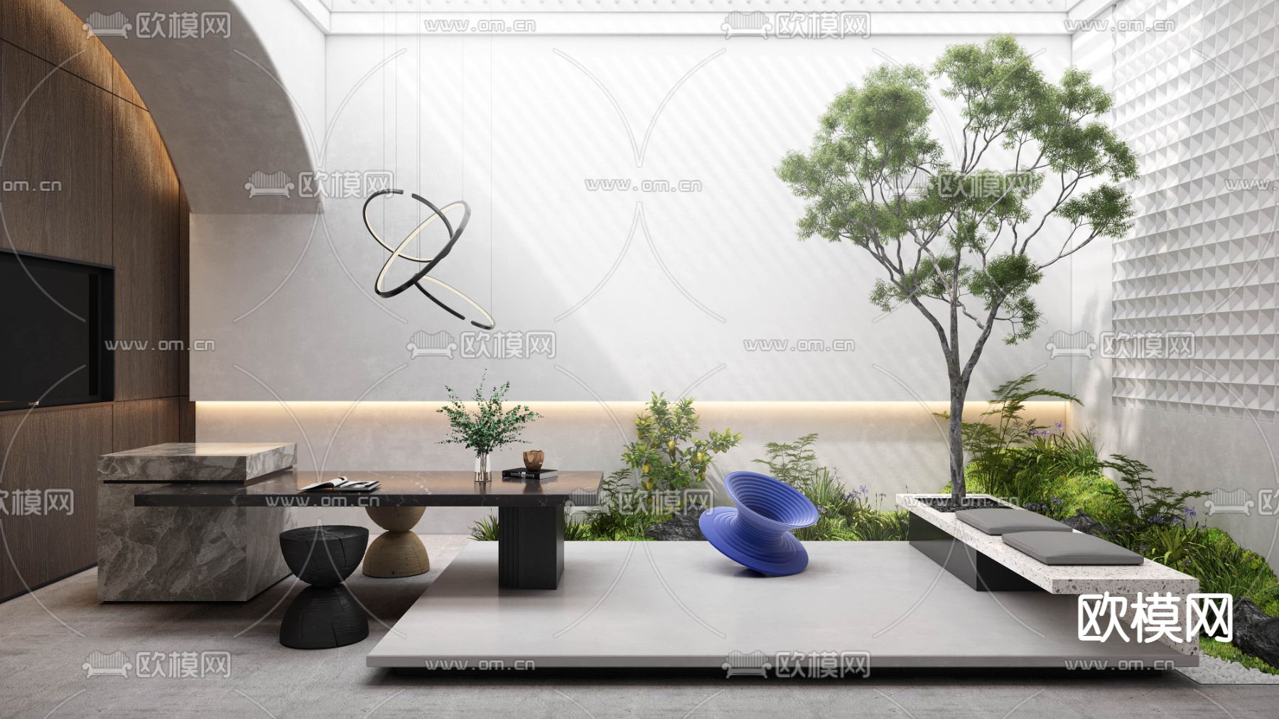 现代别墅天井庭院景观3d模型下载_ID11887649_3dmax免费模型-欧模网