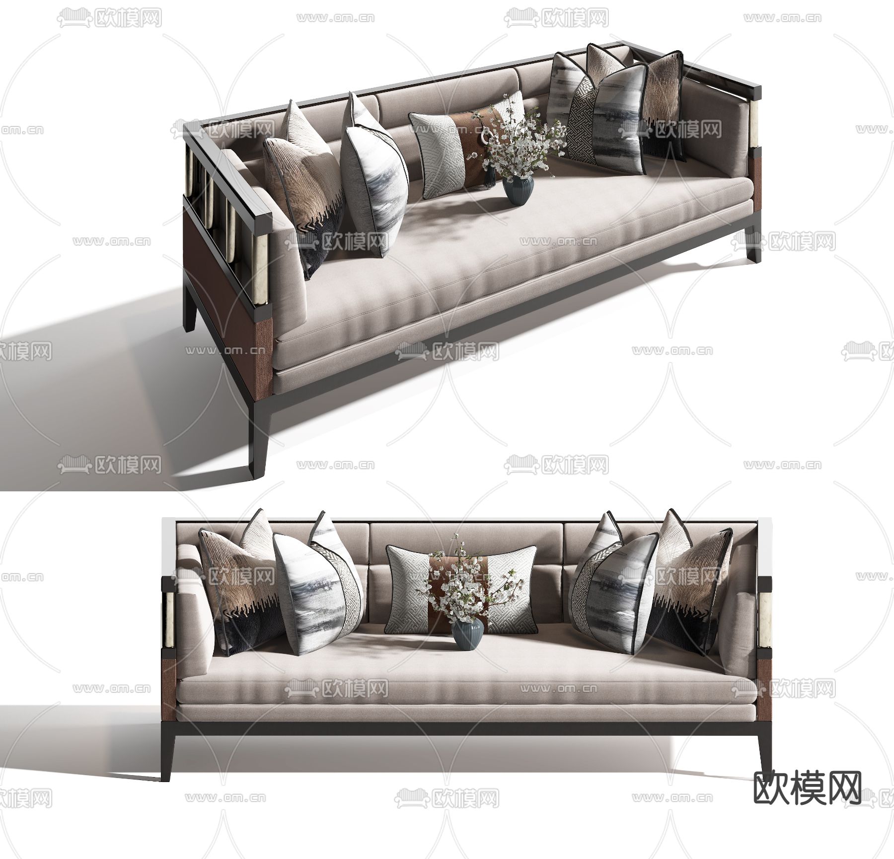 新中式布艺多人沙发3d模型下载（渲染图1）