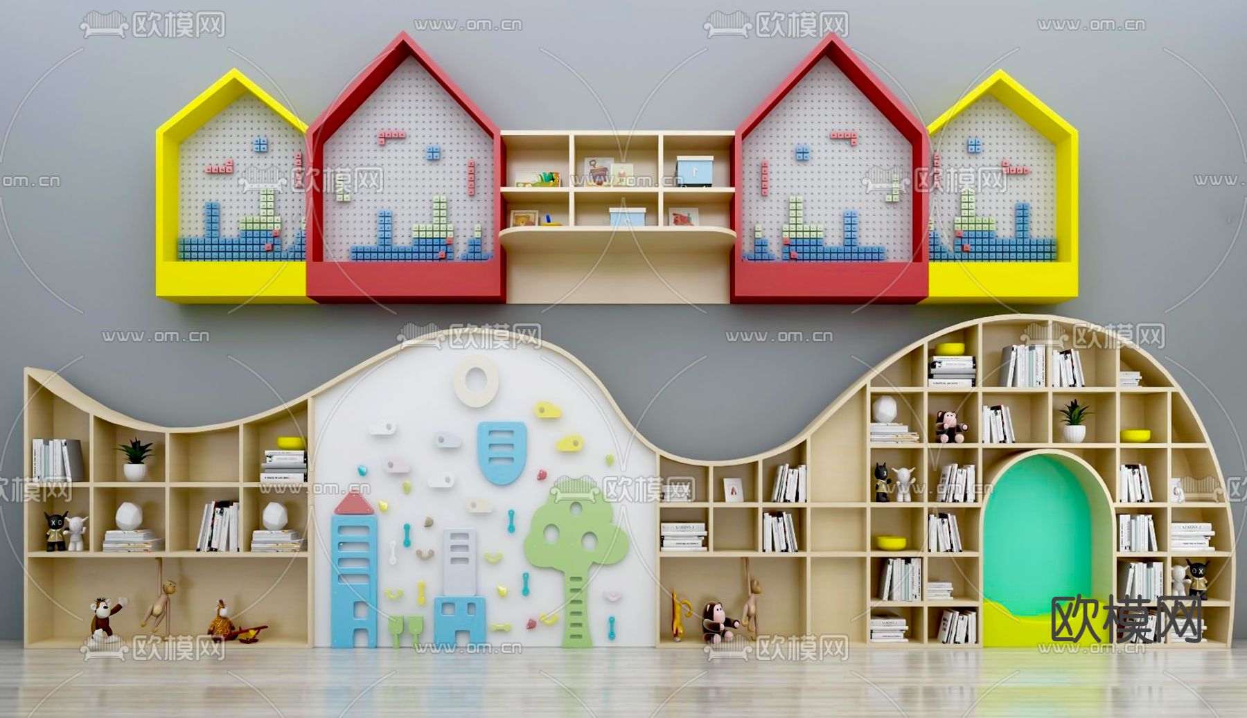 现代儿童书柜壁柜su模型下载（渲染图1）