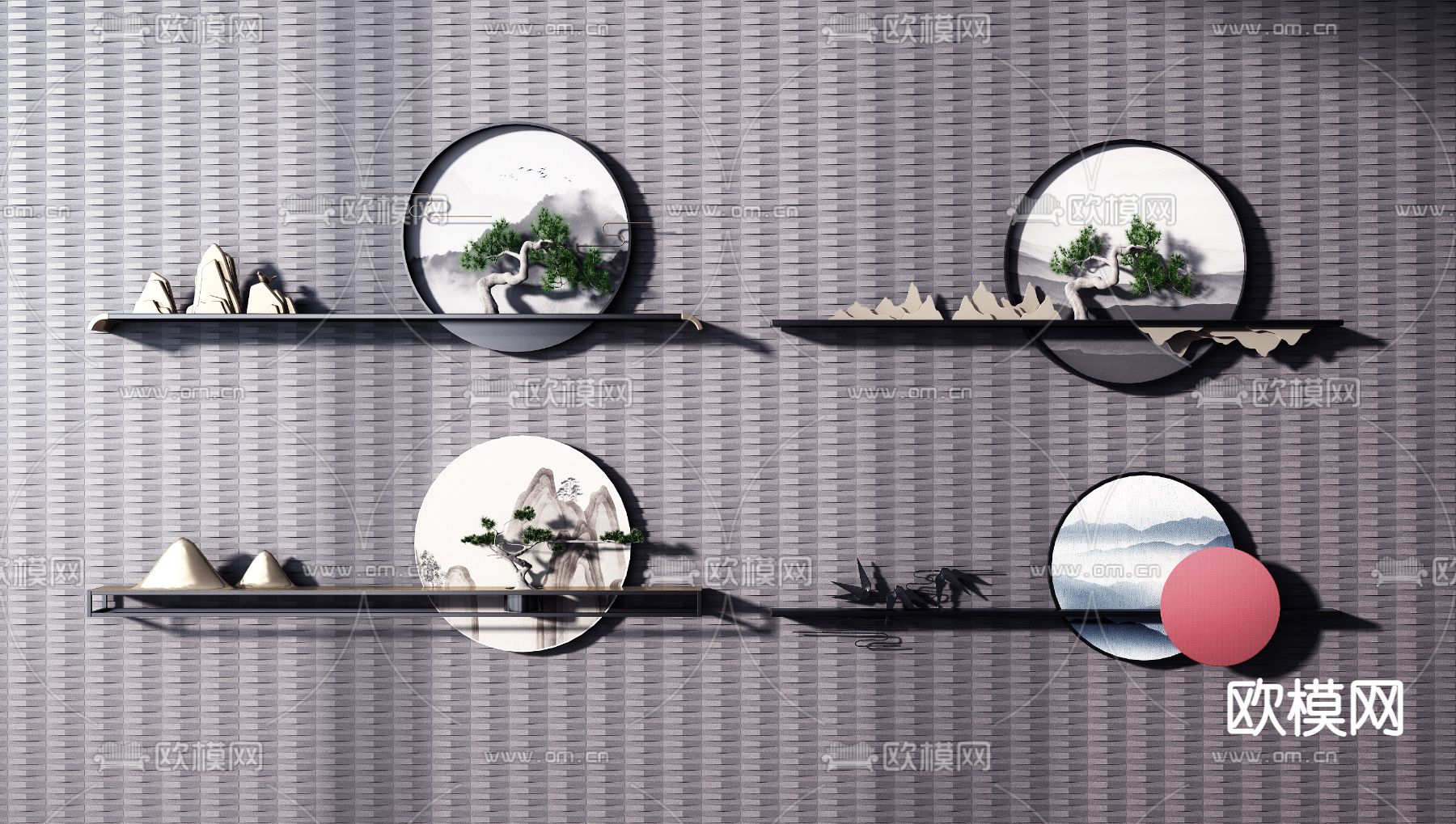 新中式墙饰挂件su模型下载（渲染图1）