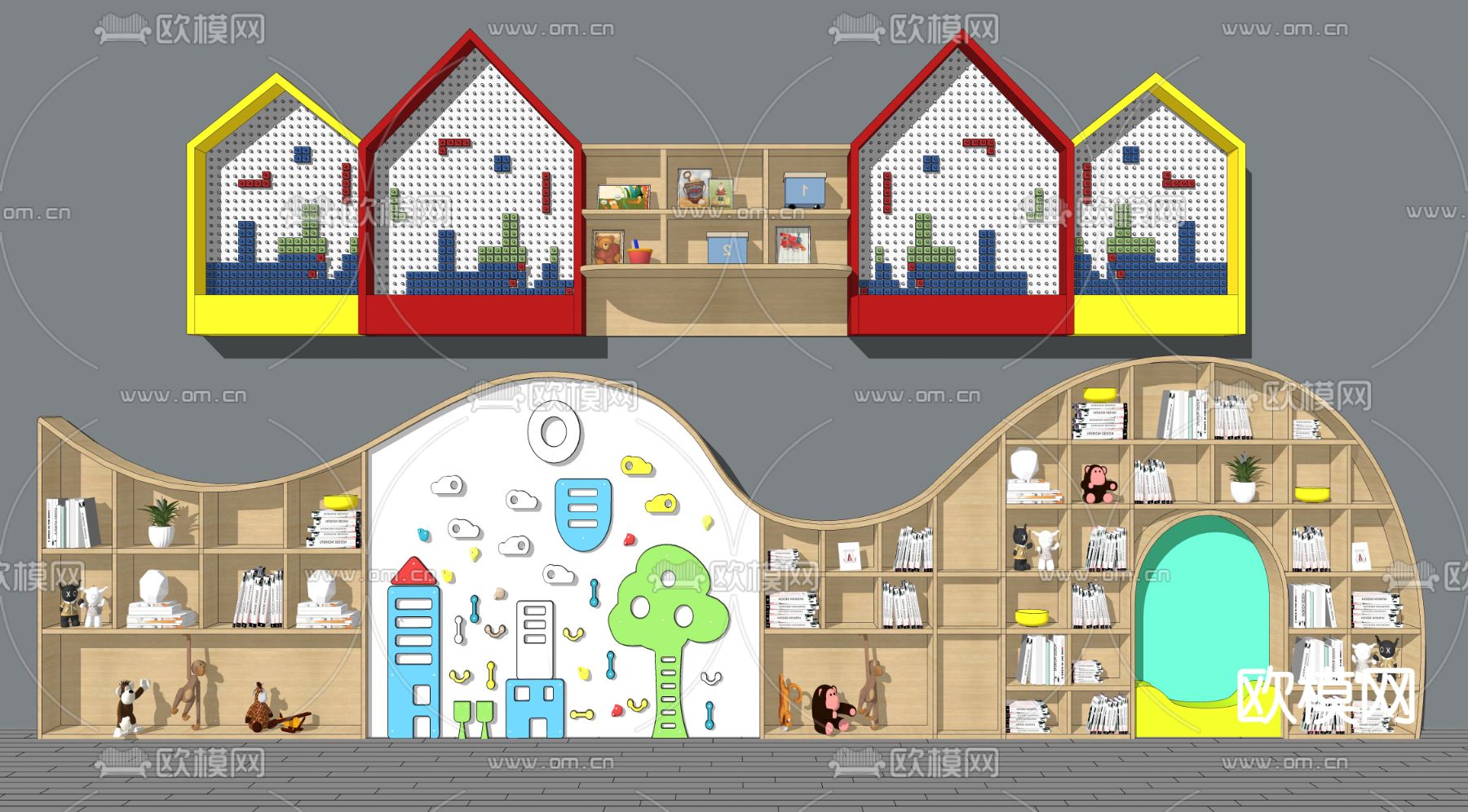现代儿童书柜壁柜su模型下载（渲染图2）