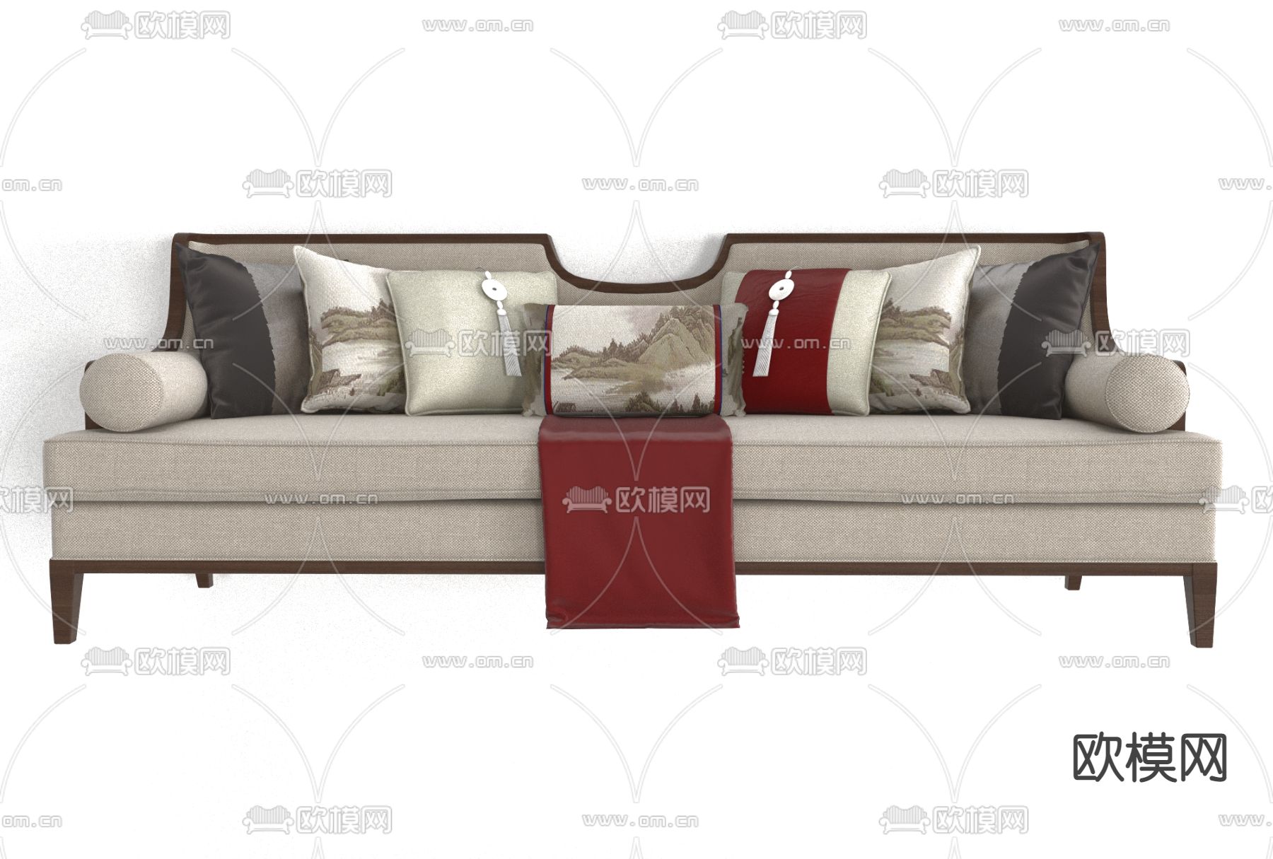 新中式布艺双人沙发免费3d模型下载