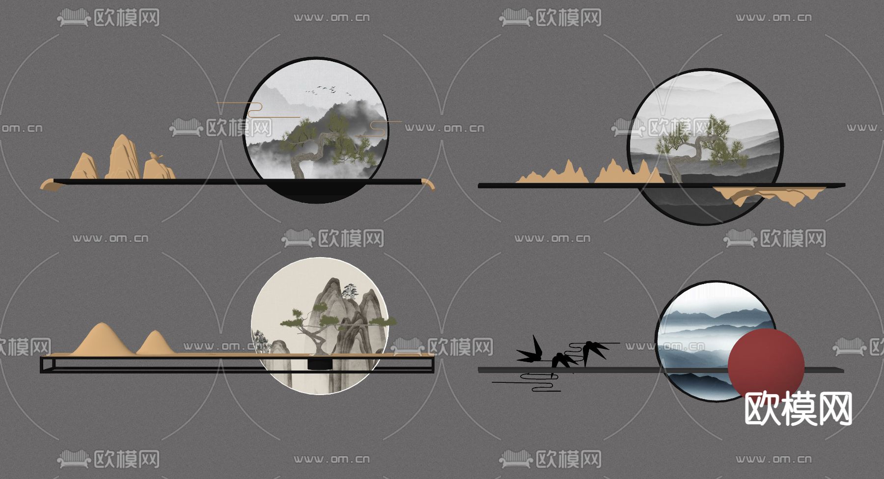 新中式墙饰挂件su模型下载（渲染图2）