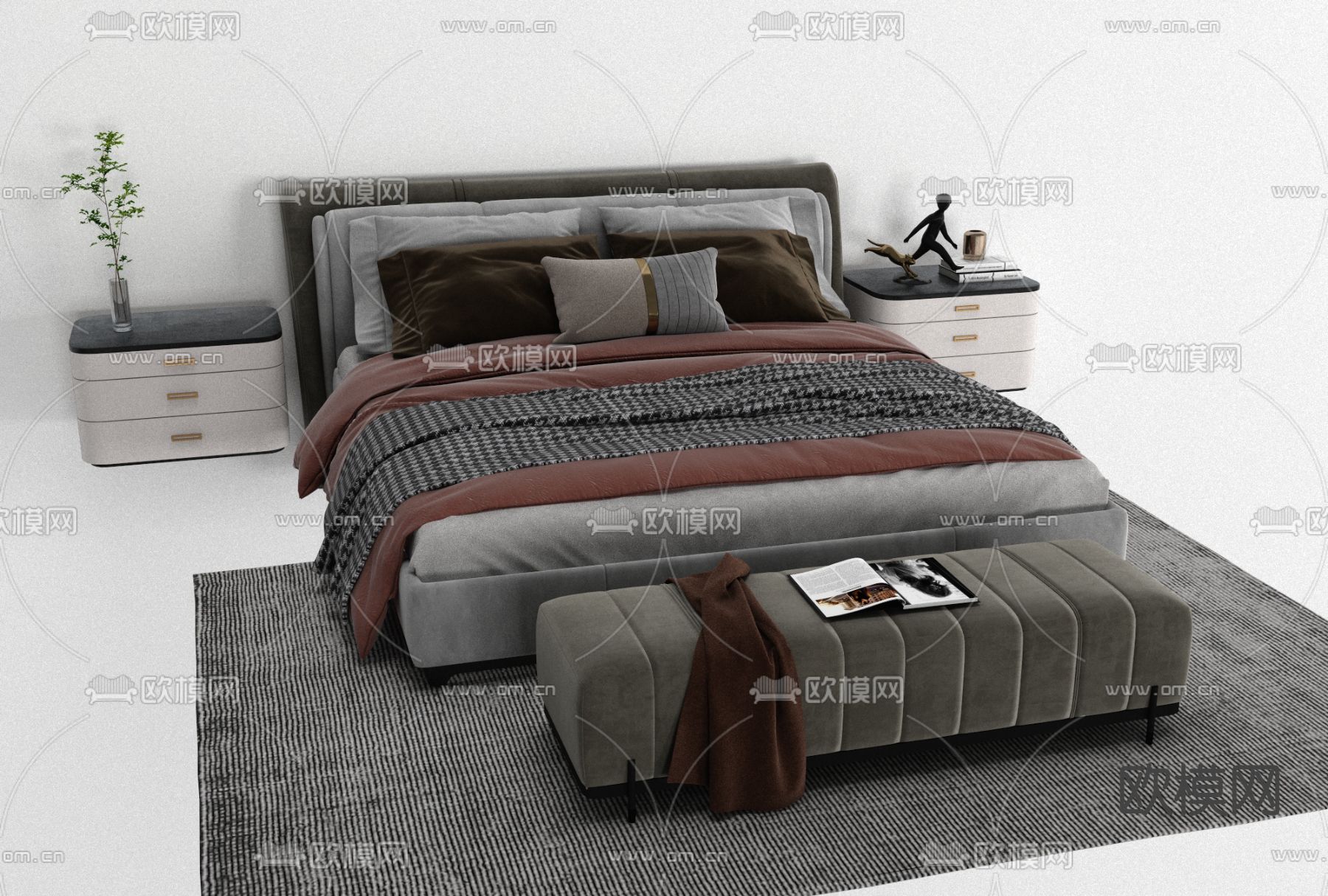 现代布艺双人床免费3d模型下载