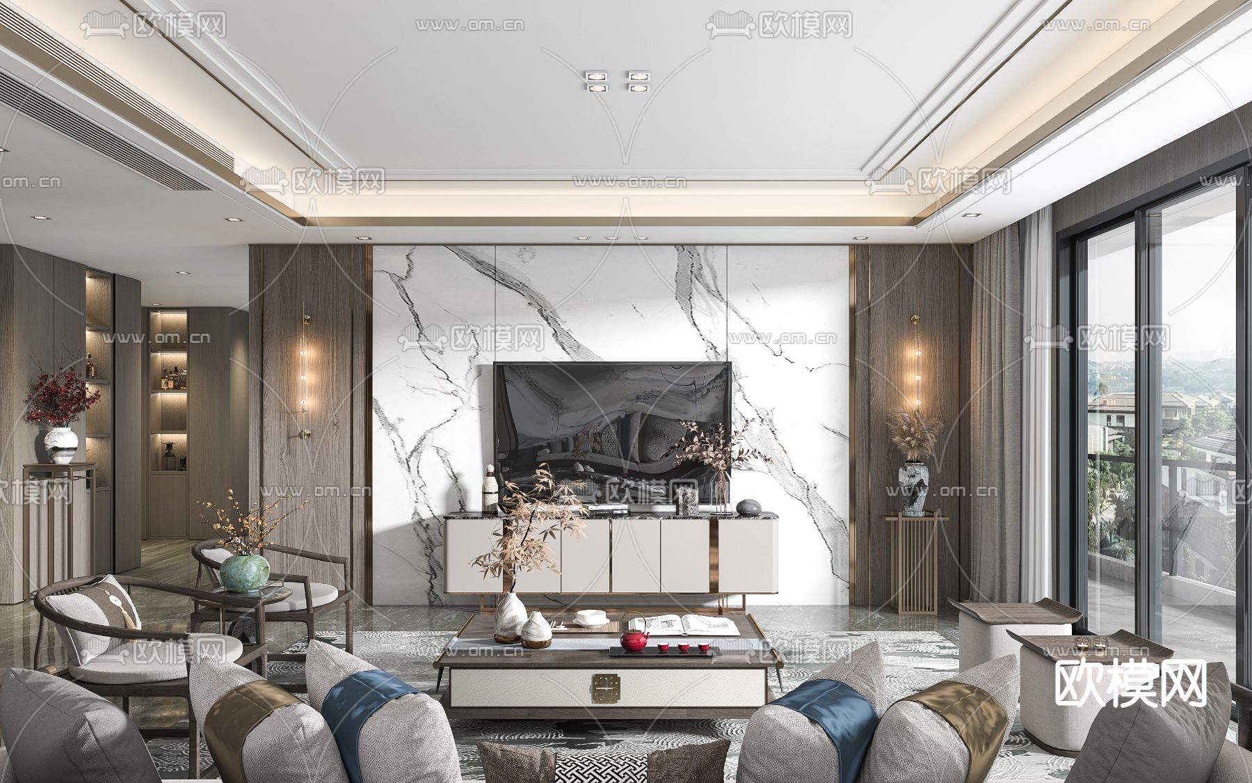 新中式客厅su模型下载（渲染图1）
