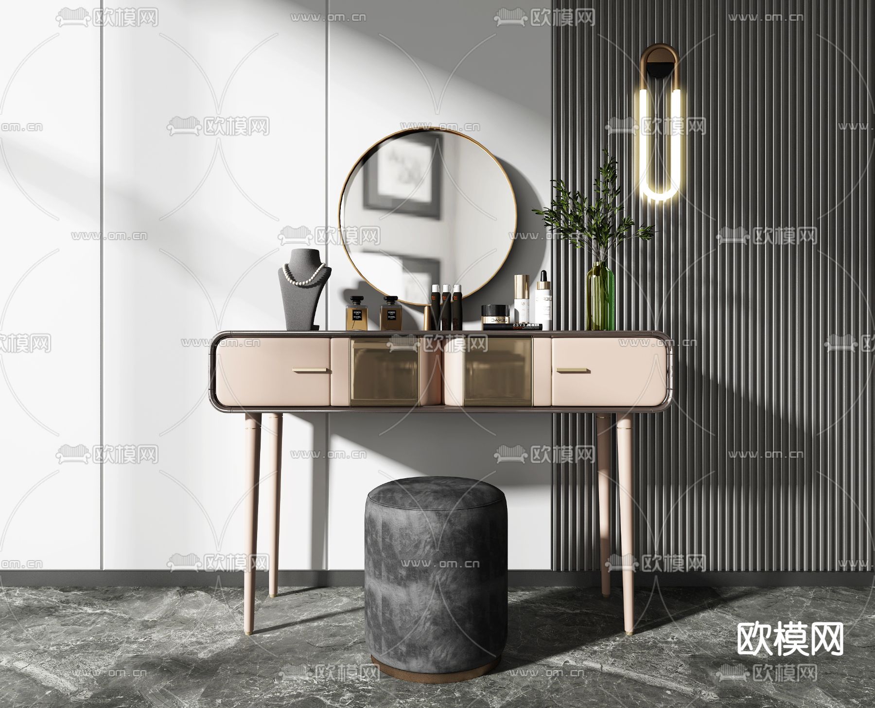 现代梳妆台su模型下载（渲染图1）