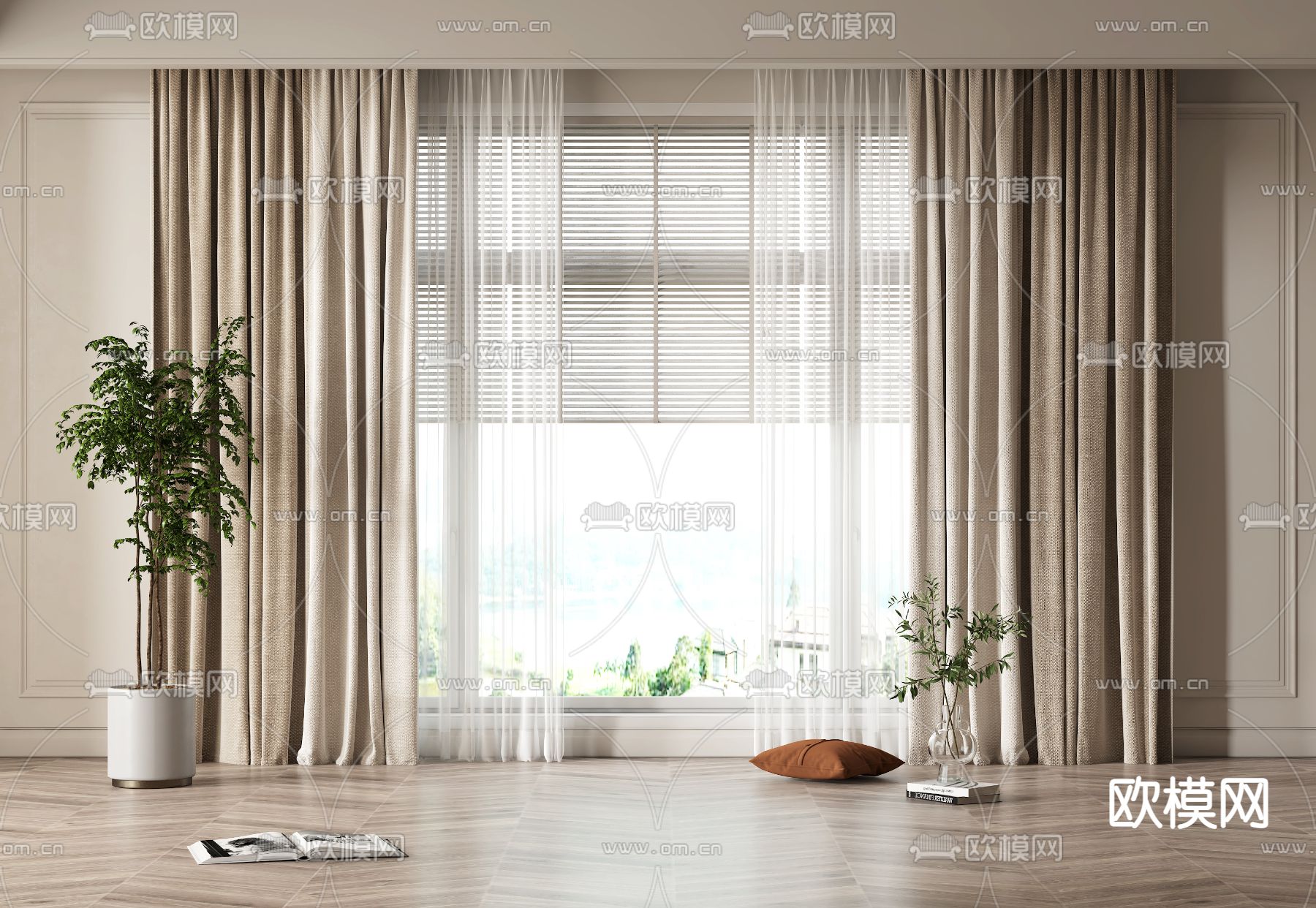现代布艺窗帘3d模型下载