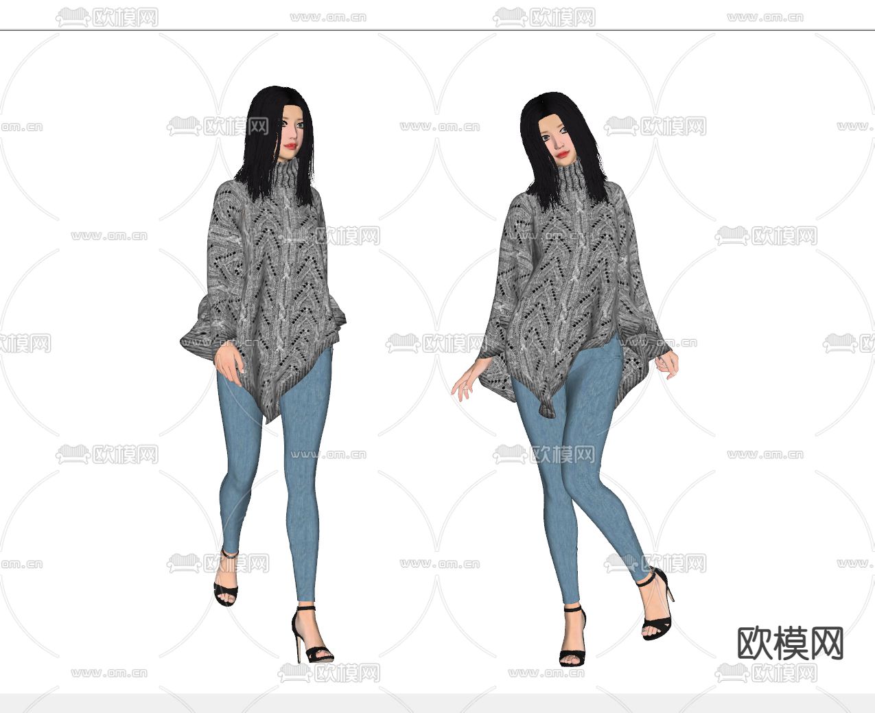 现代牛仔裤美女人物su模型下载（渲染图2）