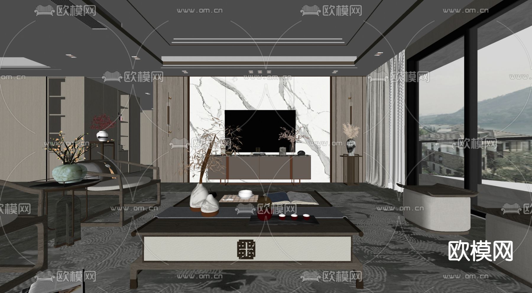 新中式客厅su模型下载（渲染图2）