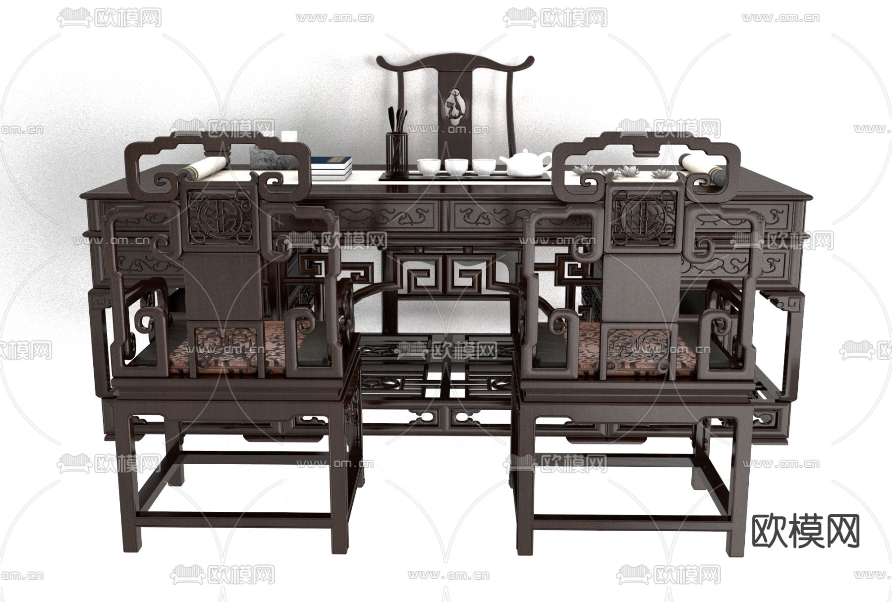 新中式实木书桌椅免费3d模型下载