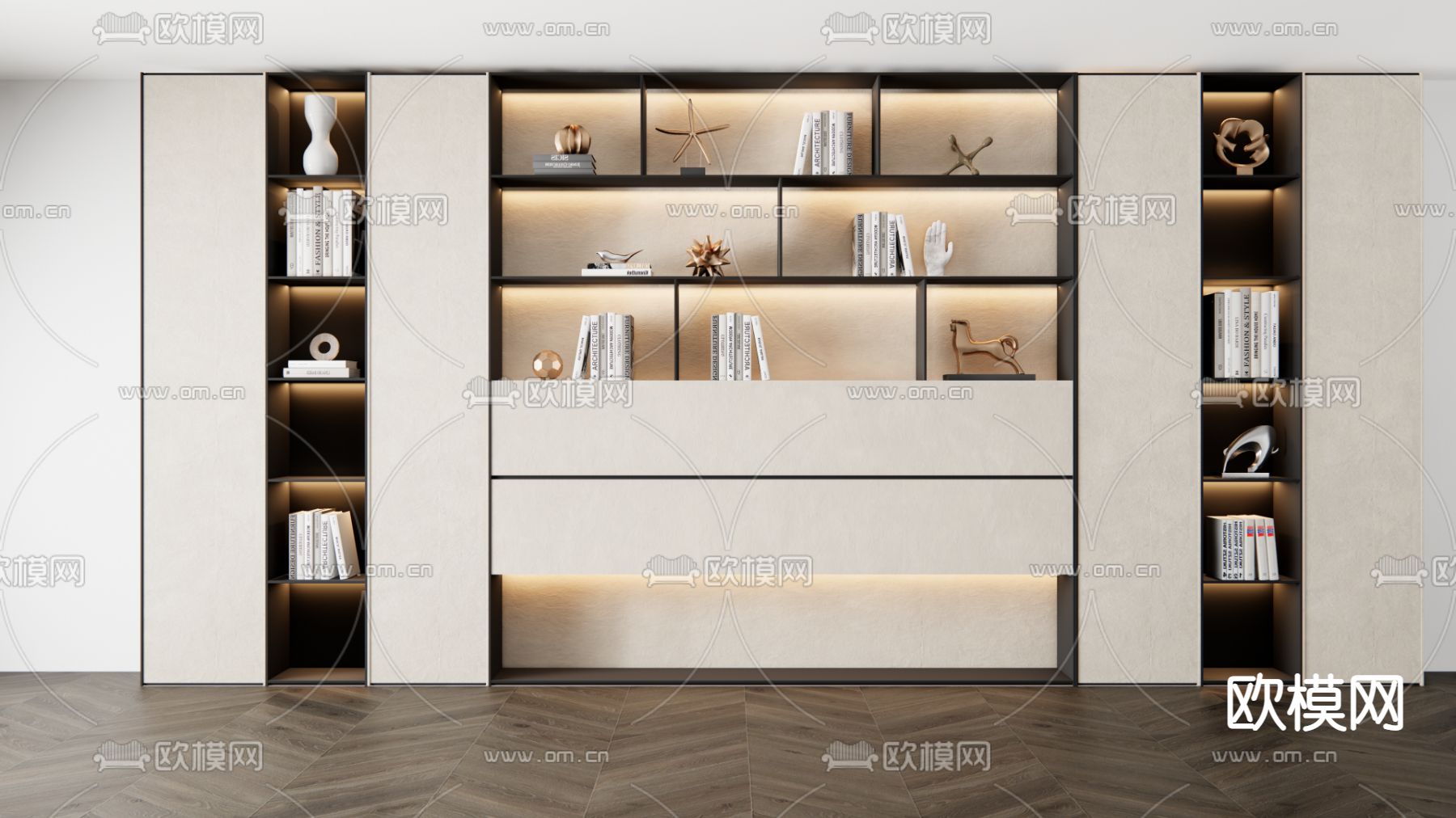 侘寂风书柜su模型下载（渲染图1）