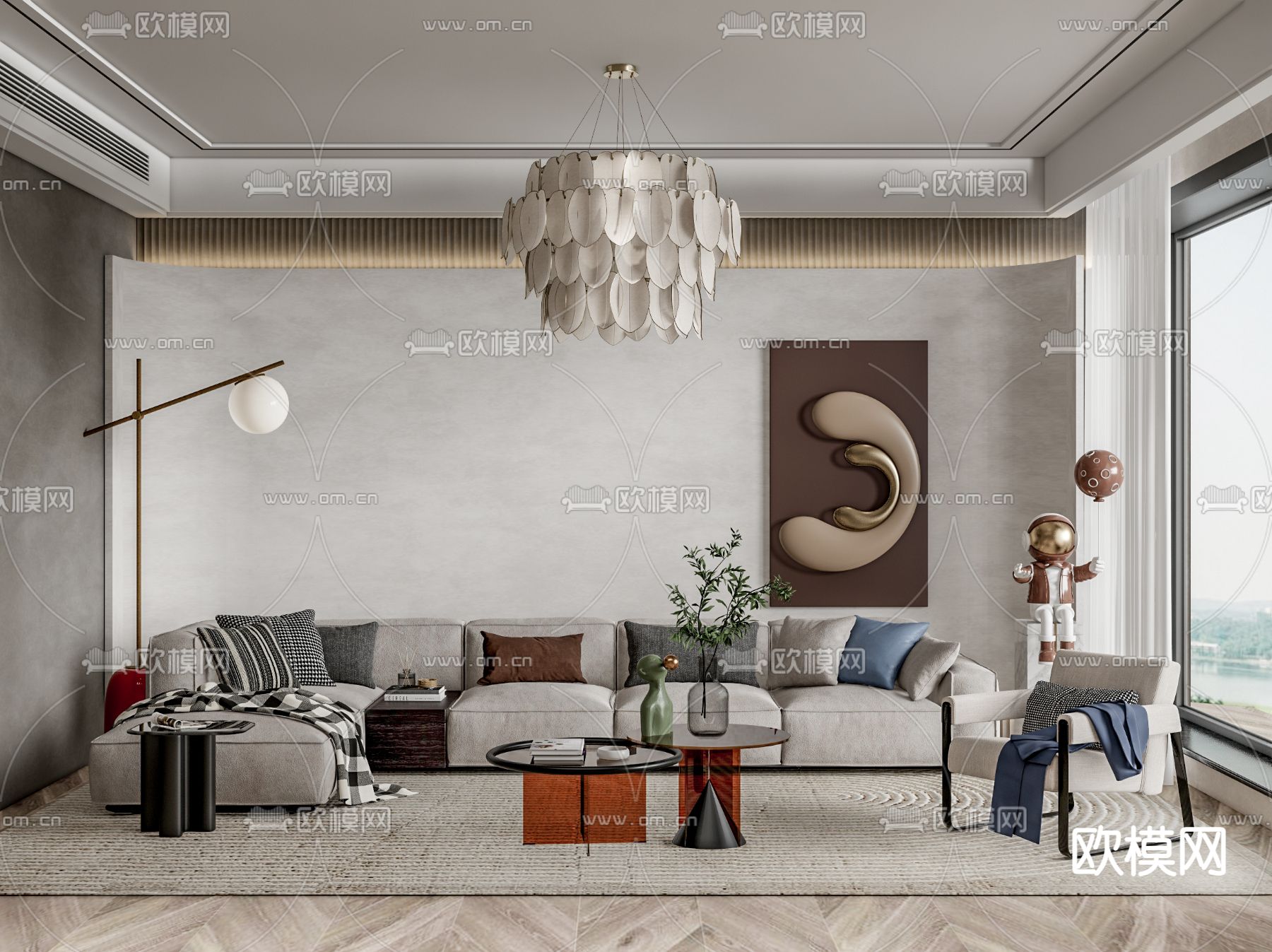 侘寂布艺沙发组合su模型下载（渲染图1）