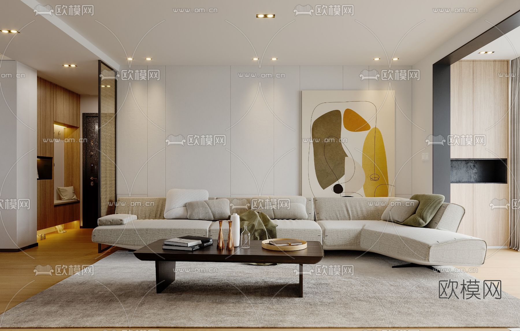 现代客厅餐厅免费3d模型下载（渲染图1）