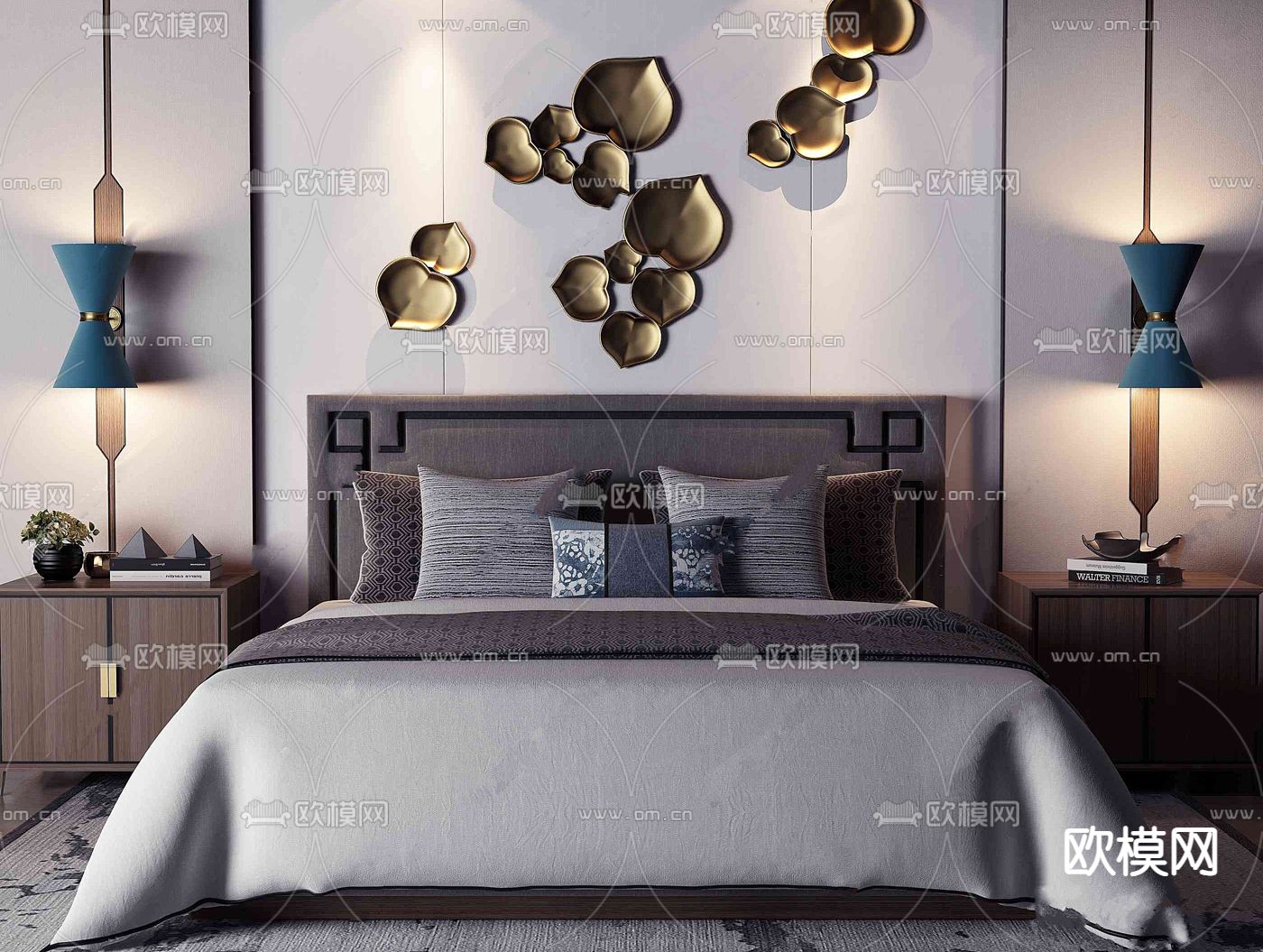 新中式布艺双人床免费3d模型下载