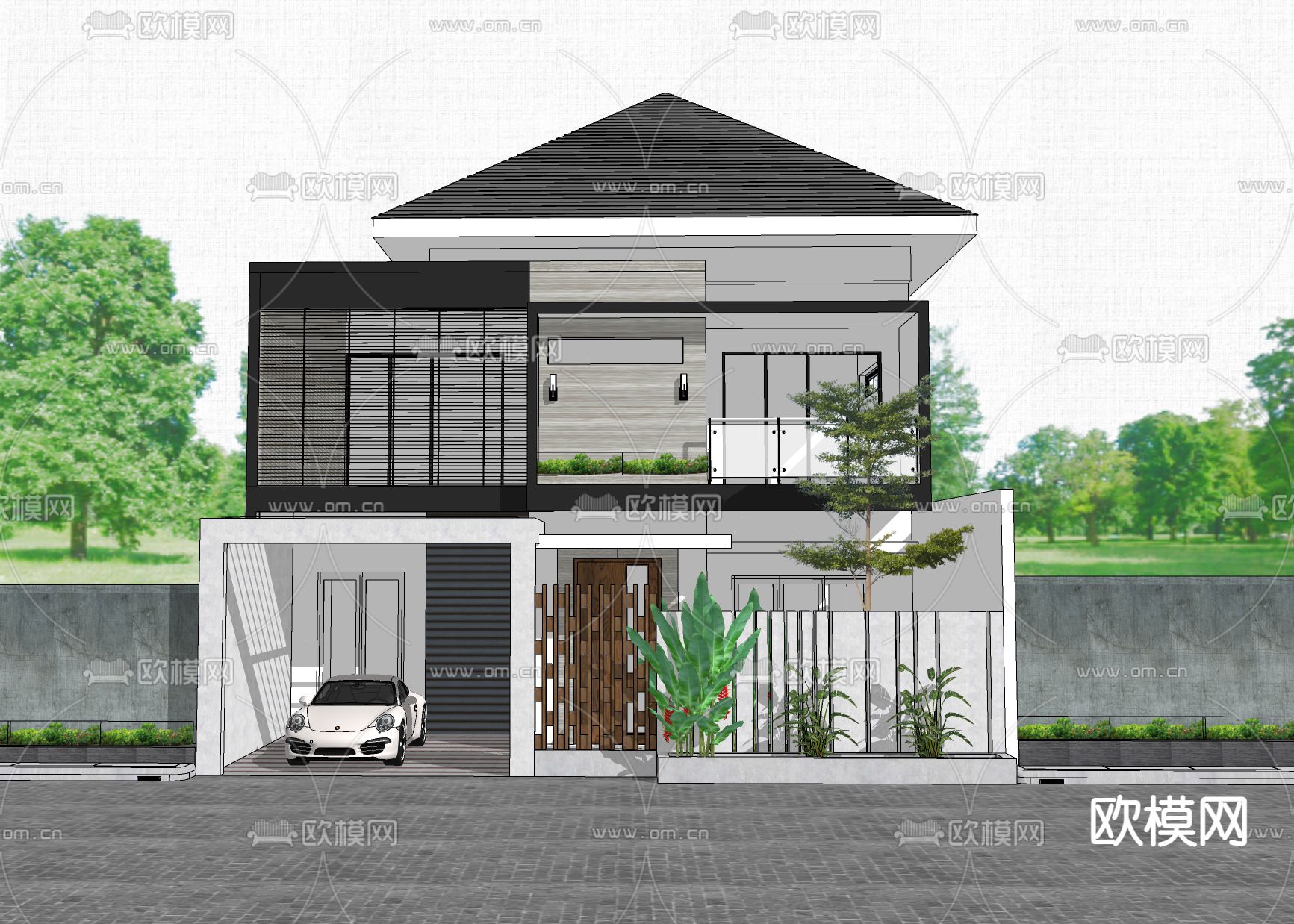 现代别墅外观su模型下载（渲染图2）