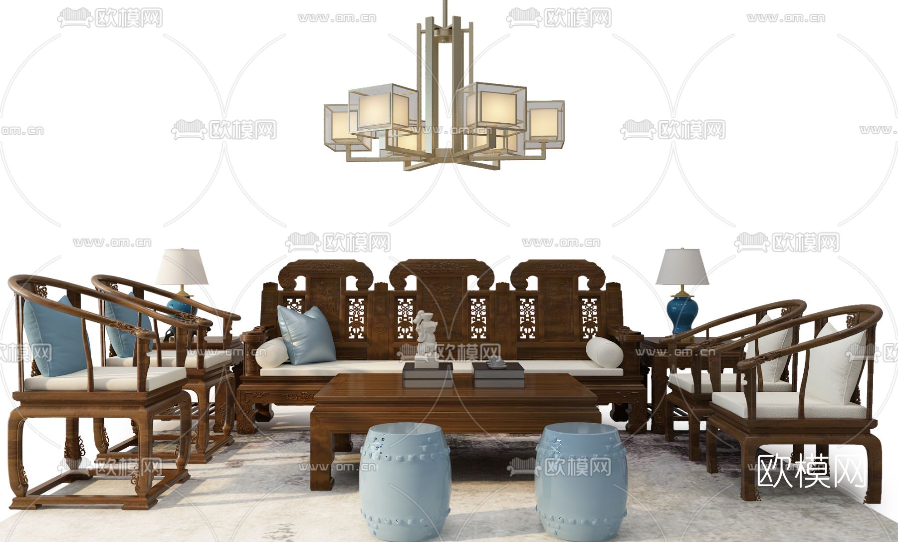 中式实木沙发组合免费3d模型下载