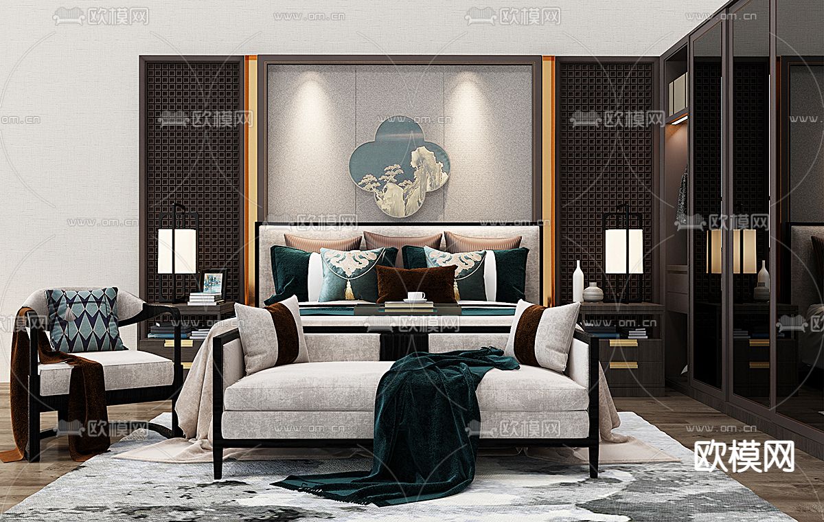 新中式布艺双人床免费3d模型下载