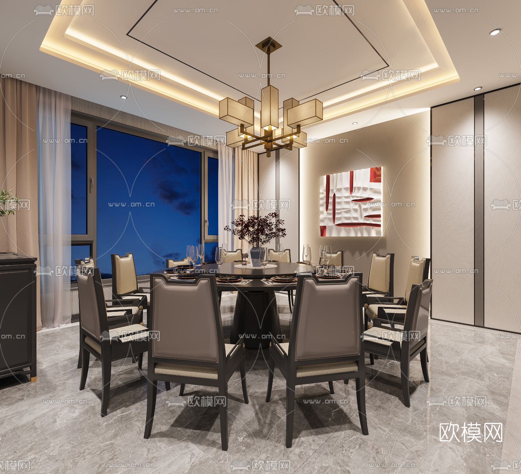 新中式餐厅包房免费3d模型下载（渲染图4）