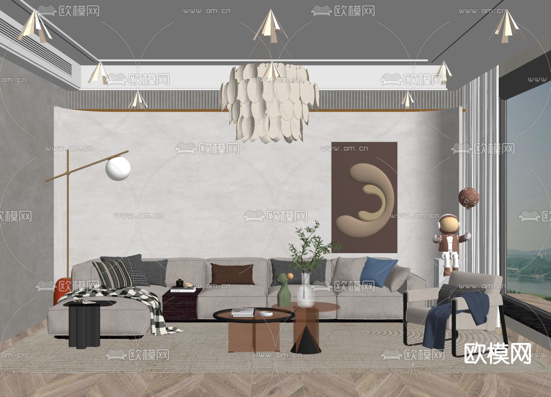 侘寂布艺沙发组合su模型下载（渲染图2）