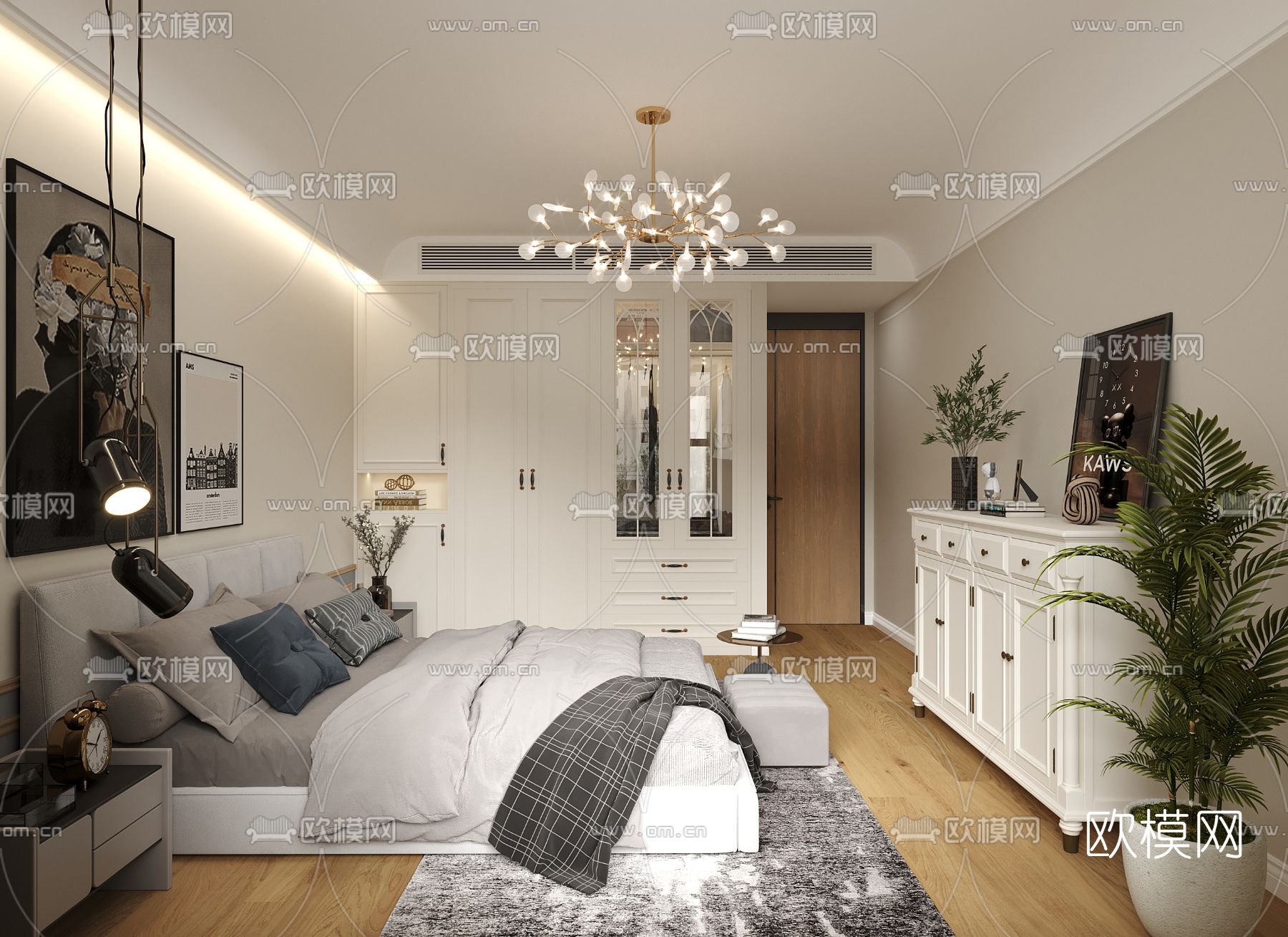 简欧卧室主人房免费3d模型下载（渲染图2）