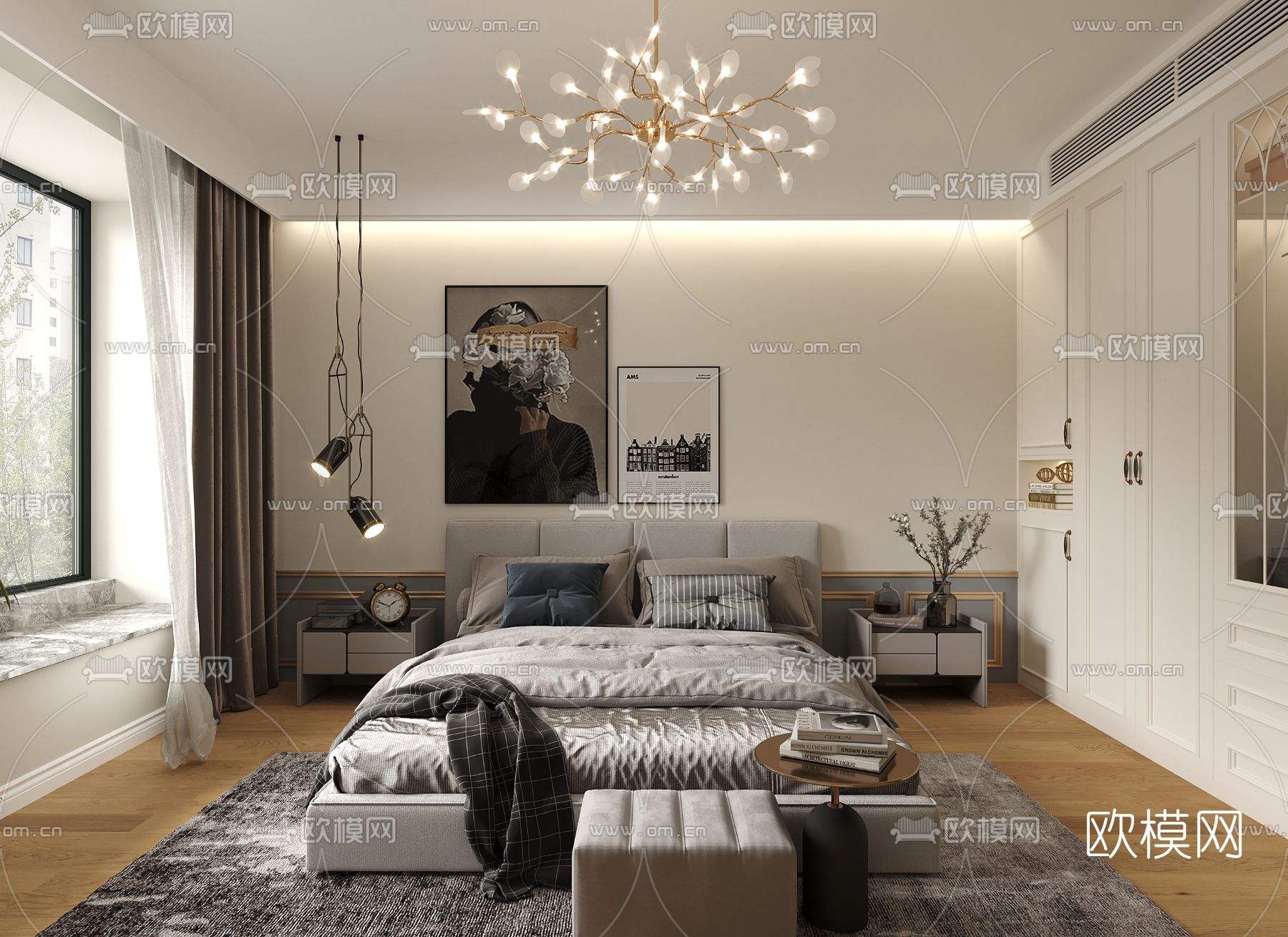 简欧卧室主人房免费3d模型下载（渲染图1）