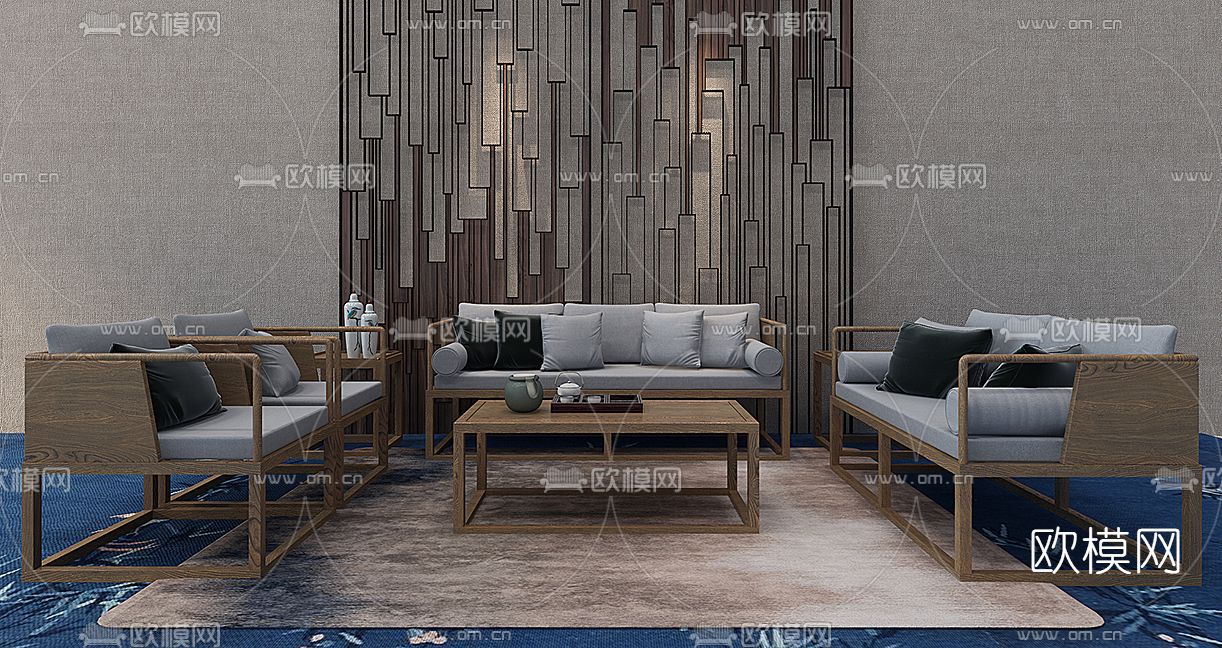 新中式布艺沙发组合免费3d模型下载