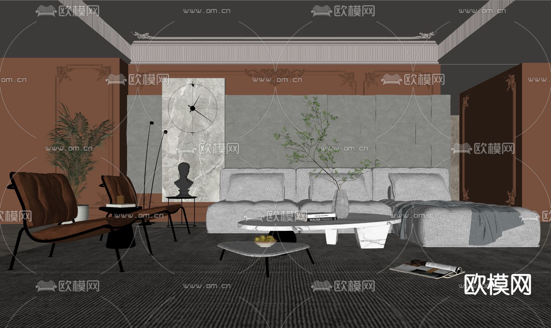 简欧布艺转角组合沙发su模型下载（渲染图2）