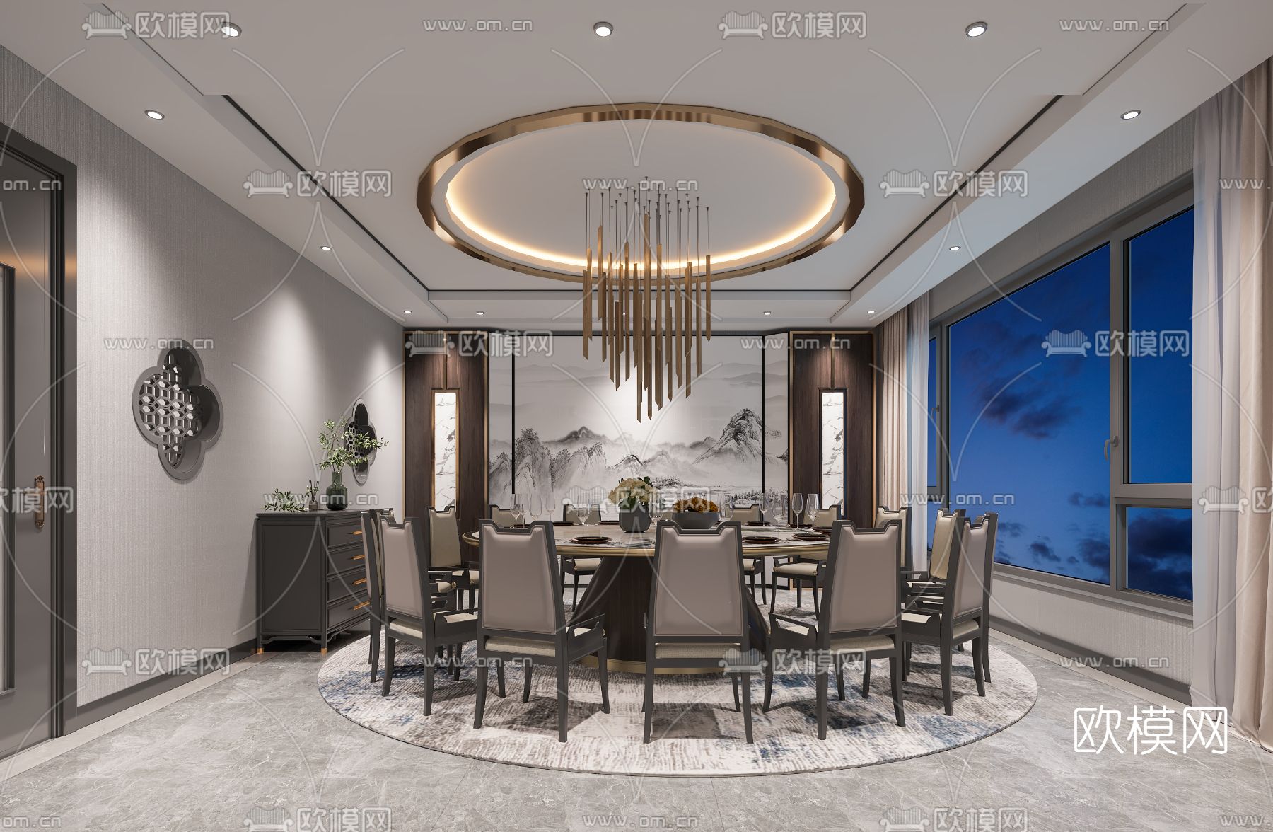 新中式餐厅包房免费3d模型下载（渲染图1）