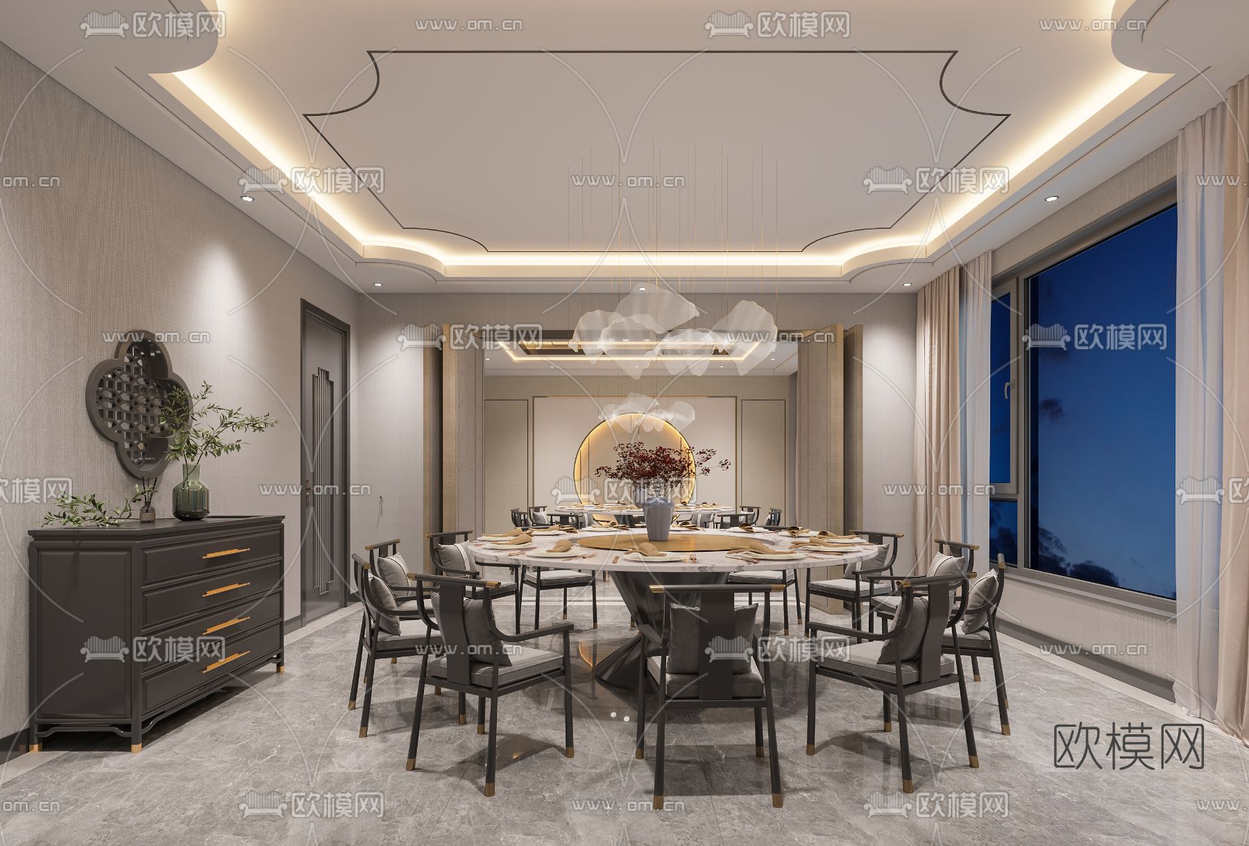 新中式餐厅包房免费3d模型下载（渲染图2）